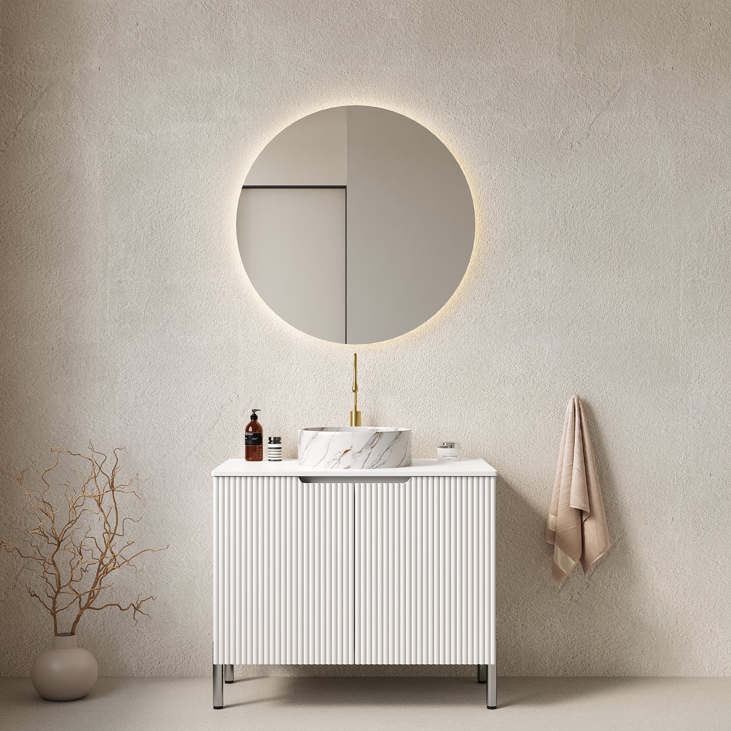 TURIO 30' Bathroom Vanity with Sink, Freestanding Bathroom Storage Cabinet with 2 Doors, White Round Ceramic Basin with Stone Pattern and Carrara White Counter Top, No Faucet, White Color