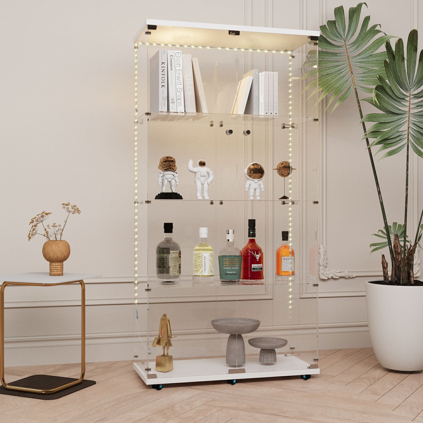 Tempered glass display cabinet, wine cabinet,storage cabinet,file cabinet,with Bluetooth LED light strip,lock on the door,equipped with cast,easy to move,for living room, bedroom,hallway,Office,white
