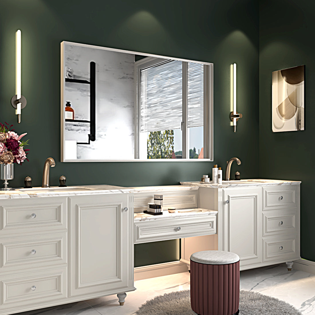 40x30inch Glossy White Rectangular Wall-Mounted Beveled Bathroom Mirror,Square Angle Metal Frame Wall Mounted Bathroom Mirrors For Wall(Horizontal & Vertical)