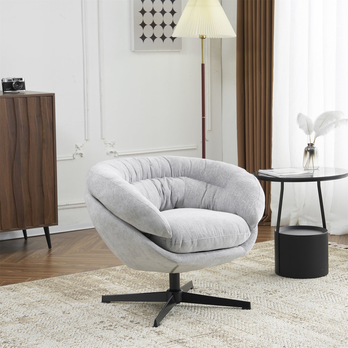 Modern Chenille Office Chair, 360° Swivel Club Chair/Accent Chair with Removable Cushion, Round Office Chair, Black Metal Base, Cotton Material, Living Room, Bedroom, Reading Corner, Office (Gray)