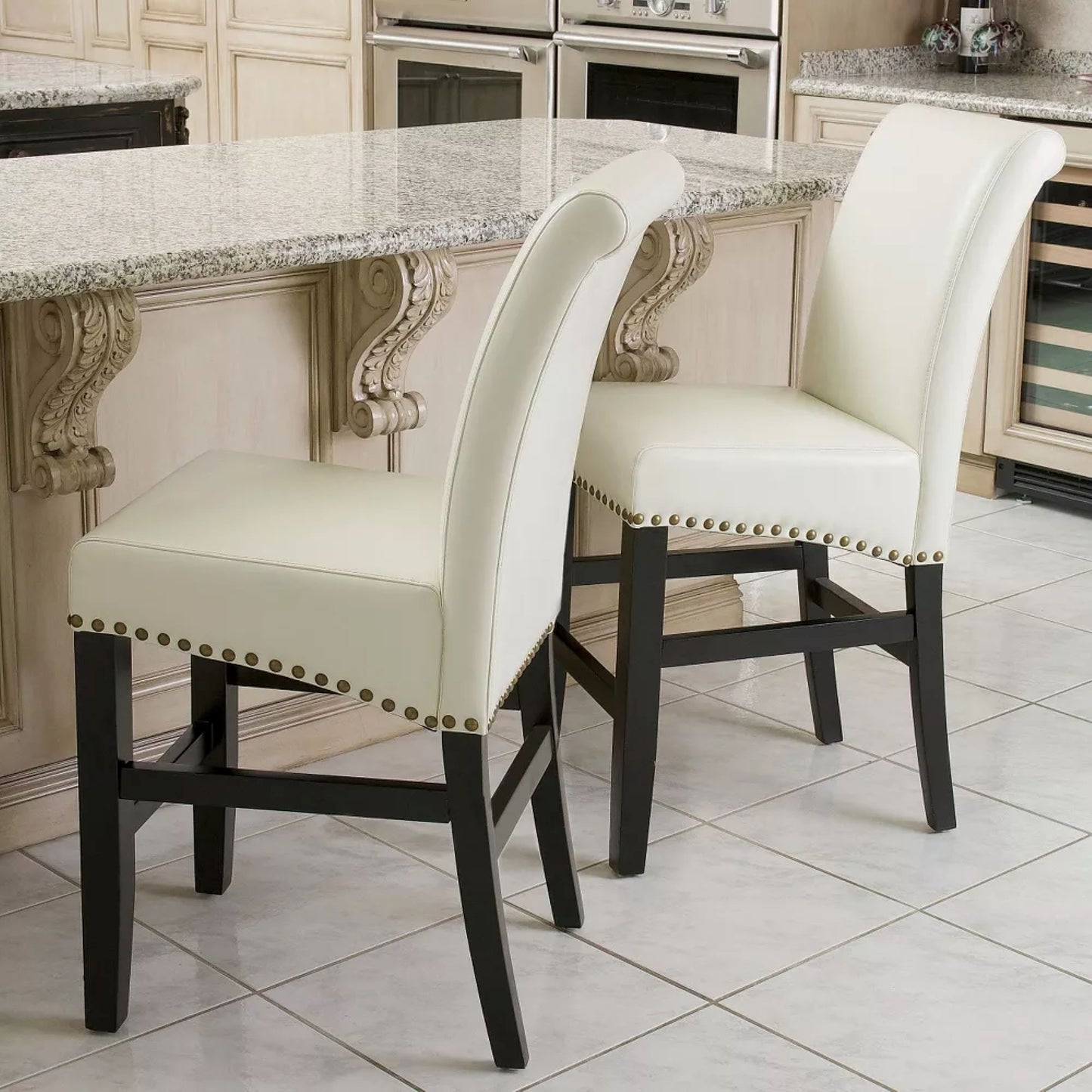 Contemporary leather counter stools,Ivory dining chairs with nail-head decoration (Set of 2),25 inches upholstered dining chairs suitable for Kitchen/Bedroom/Dining Room.