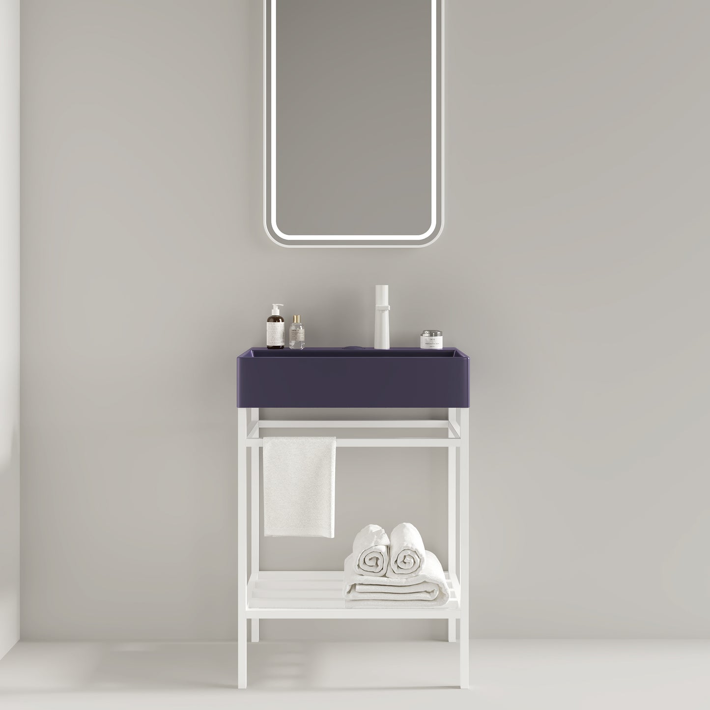 LOFI 24' Bathroom Vanity with Ceramic Basin, Freestanding Bathroom Console Sink Set, Glossy Purple Rectangular Ceramic Basin without Faucet, Open Metal Leg, Storage Shelves, White Color