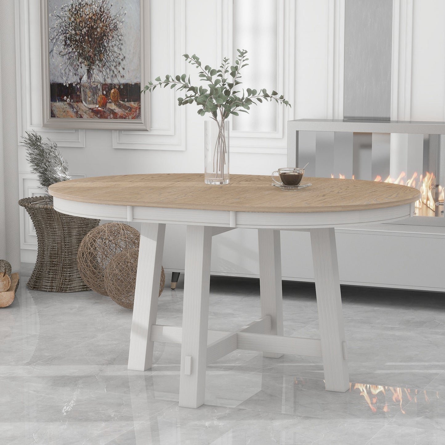 TREXM Farmhouse Round Extendable Dining Table with 16' Leaf Wood Kitchen Table (Oak Natural Wood + Antique White)