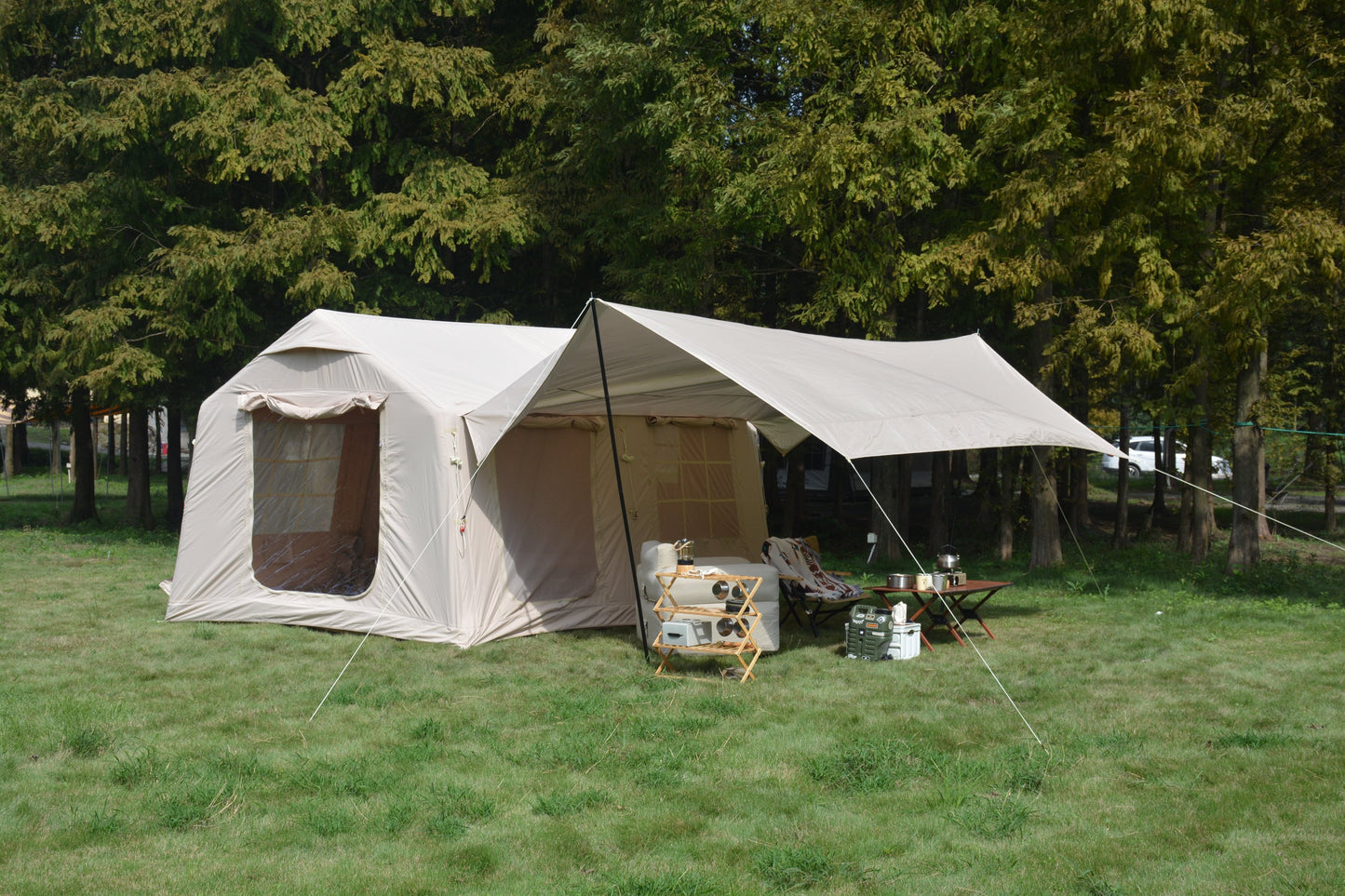 9.8 x13ft with canopy, Inflatable Camping Tents with Hand Pump, Air Glamping Tents, Easy Setup Waterproof and Windproof Blow up Tent Beige