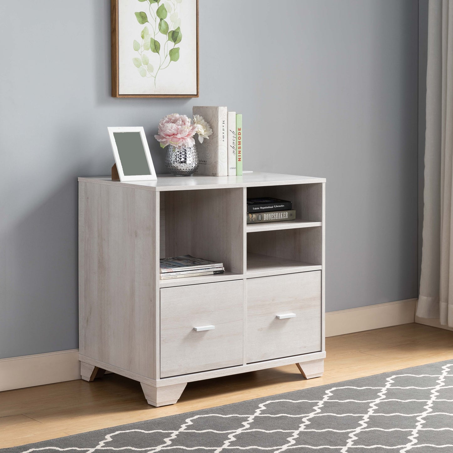 Home Office Printer Stand with Two File Cabinets and Open Shelving in White Oak