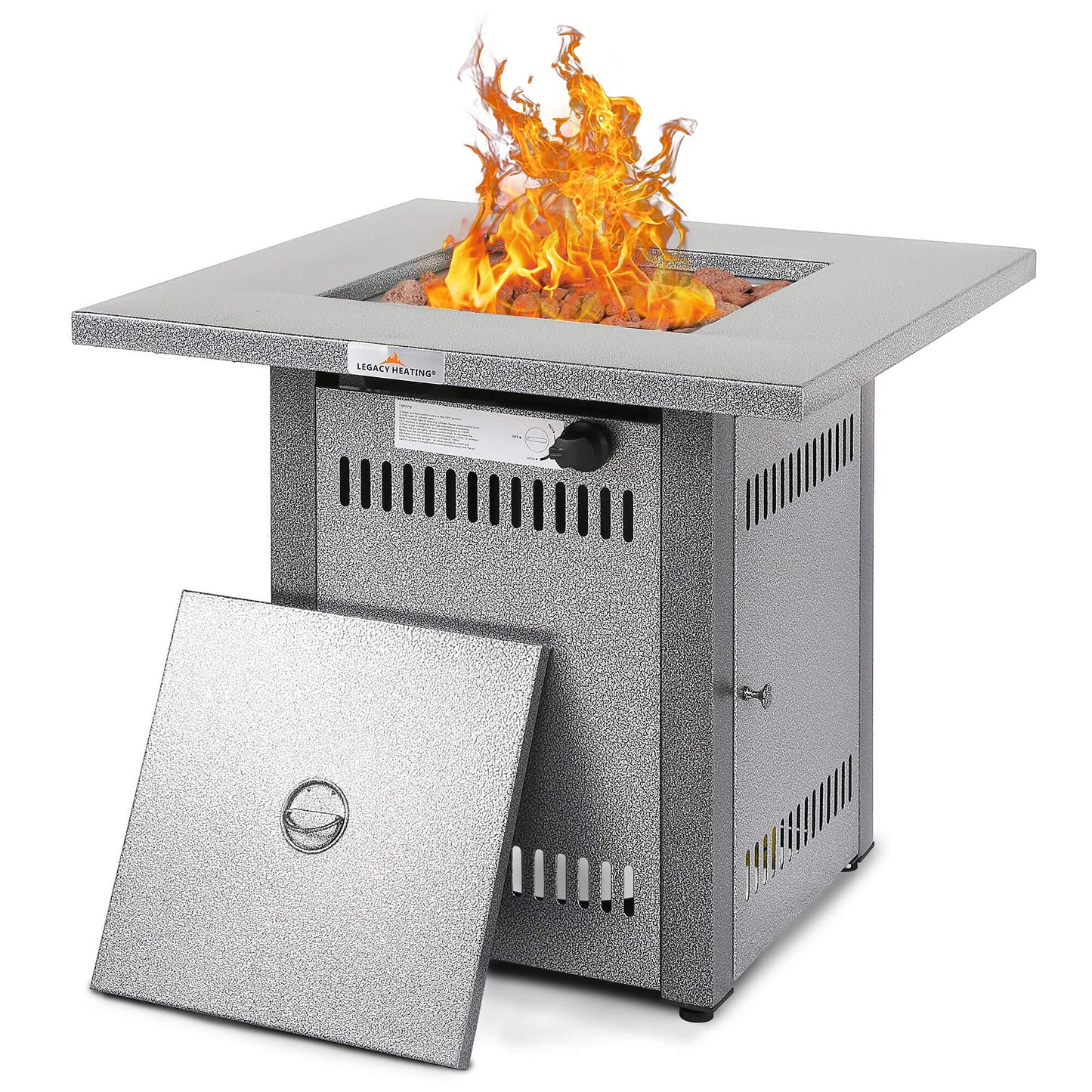 28' 50000 BTU Silver Outdoor Propane Gas Fire Pit Table, Outdside Patio Firepits Fireplace Dinning Tables with Lid & Lava Rock, 2-in-1 Firepit Table for Courtyard/Patio/Balcony