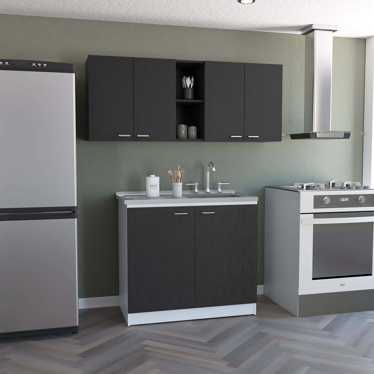 2 Piece Kitchen Set, Olimpo 150 Wall Cabinet + Salento Utility Sink With Cabinet, Black / White