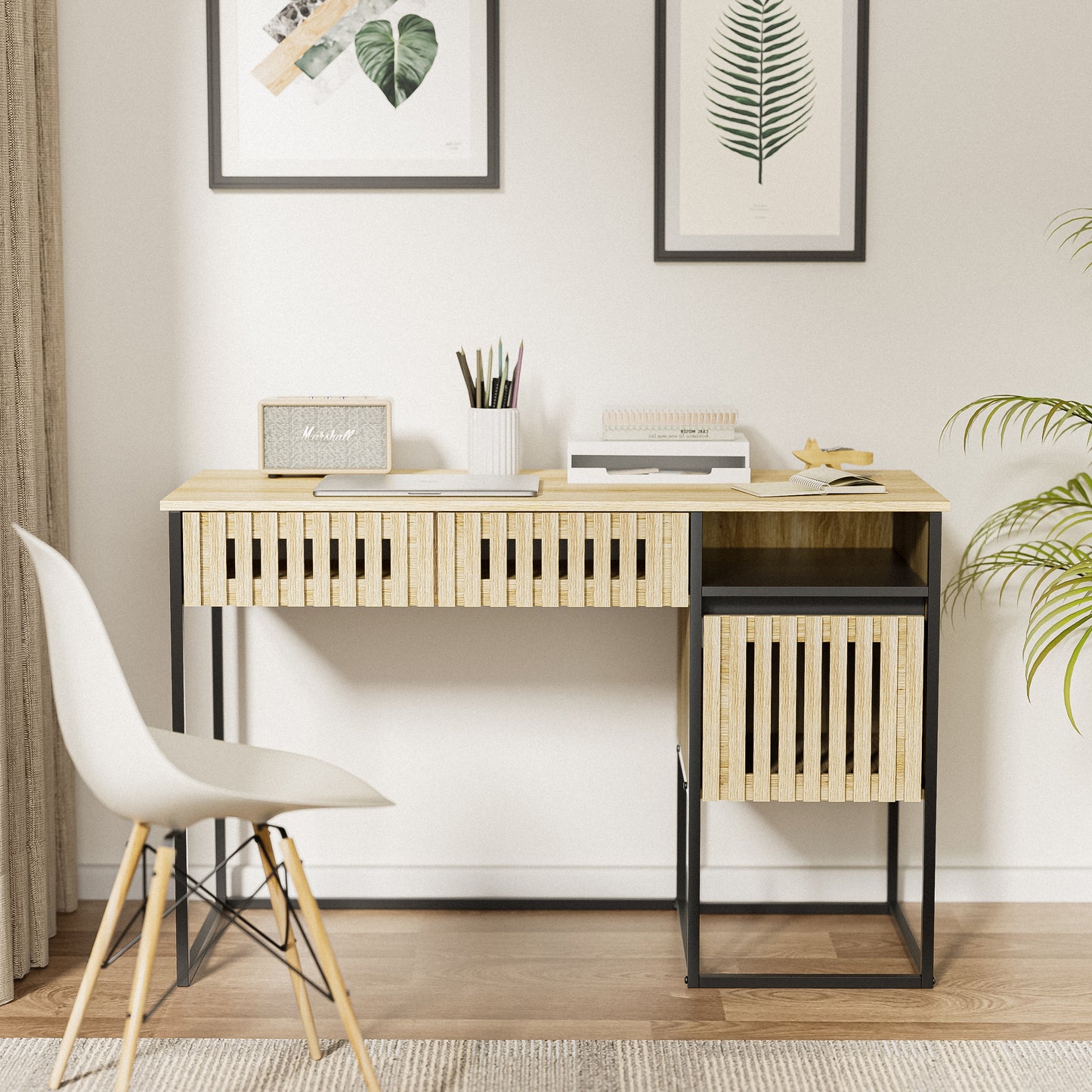 Fluted,Desk,Computer Desk,Dresser,With Drawers / Storage,Easy Assembly,Metal Frame,Modern Minimalist,Vertical stripe element