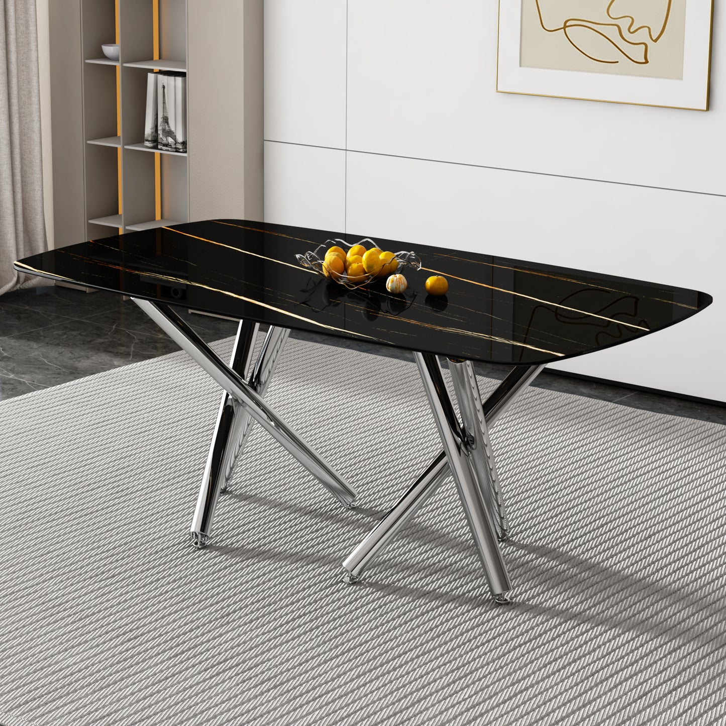 Large modern minimalist rectangular dining table with 0.39 'imitation marble black tabletop and silver metal legs, suitable for kitchens, living rooms, conference rooms, and banquet halls 1538