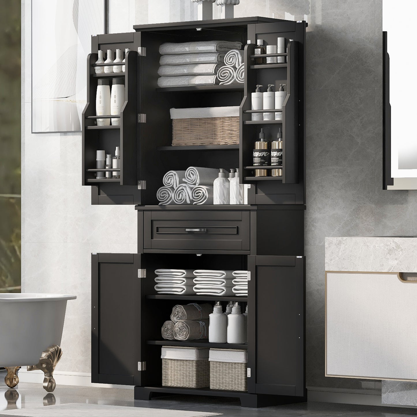 Bathroom Storage Cabinet with Doors and Drawer, Multiple Storage Space, Adjustable Shelf, Black (Old Sku:WF308204AAB)