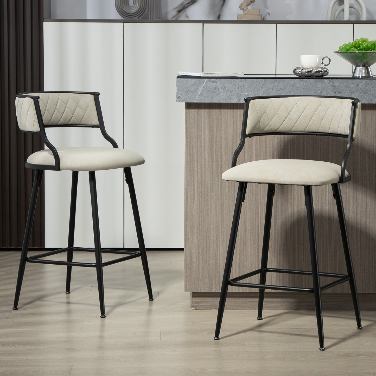 SET OF 2, 26'' Counter height bar stools PU cover kitchen island counter bar stool with black powder coating base and footrest(Beige)