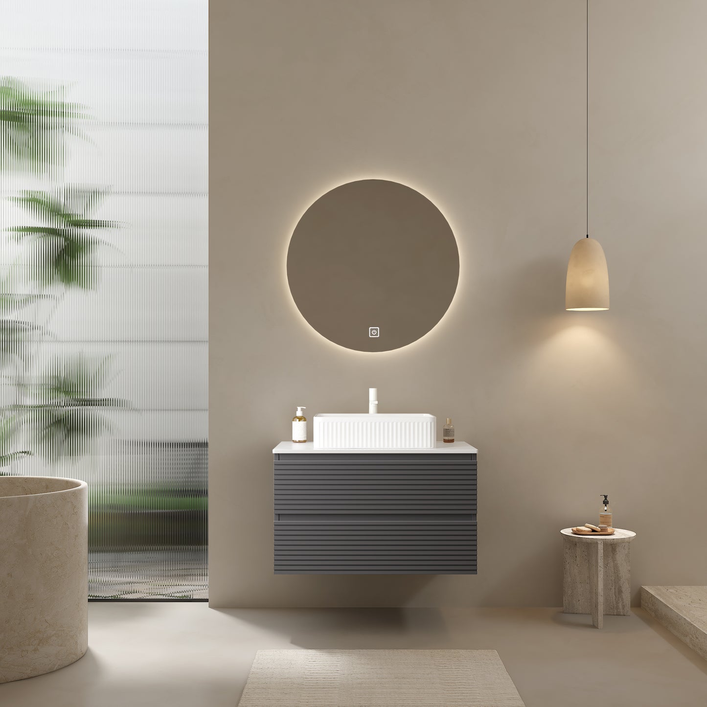 VEDO 30' Bathroom Vanity with Vessel Sink, Wall-Mounted Floating Plywood Striped Bathroom Storage Cabinet with 2 Drawers, White Ceramic Basin and Carrara White Countertop, without Faucet, Gray Color