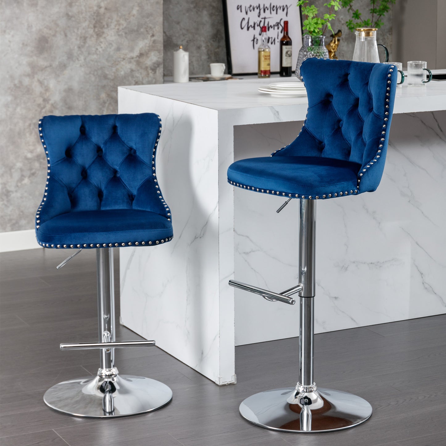 A&A Furniture,Swivel Velvet Barstools Adjusatble Seat Height from 25-33 Inch, Modern Upholstered Chrome base Bar Stools with Backs Comfortable Tufted for Home Pub and Kitchen Island(Blue,Set of 2)