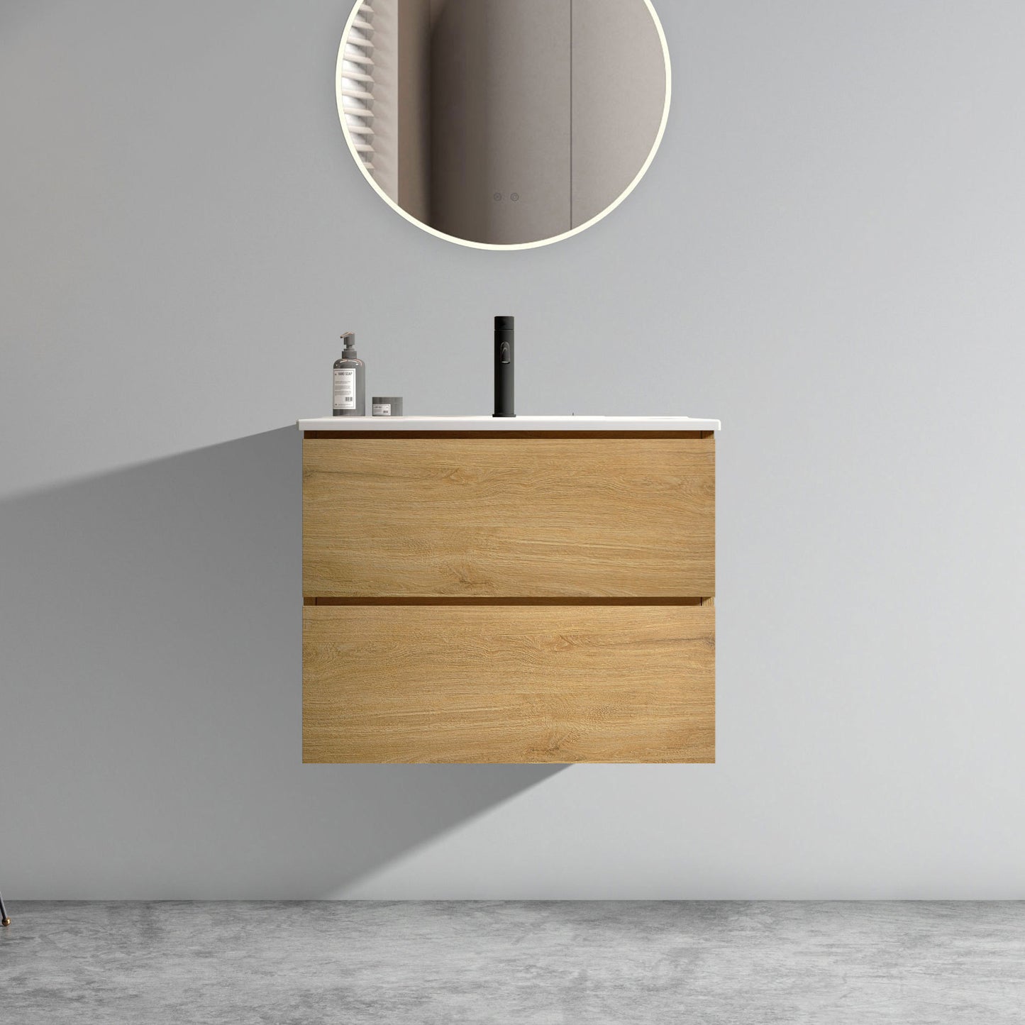 Wall Mount 24' Natural Oak Bathroom Vanity with Ceramic Sink with one faucet hole, Large Storage Floating Bathroom Vanity for Modern Bathroom, Pre-assembled
