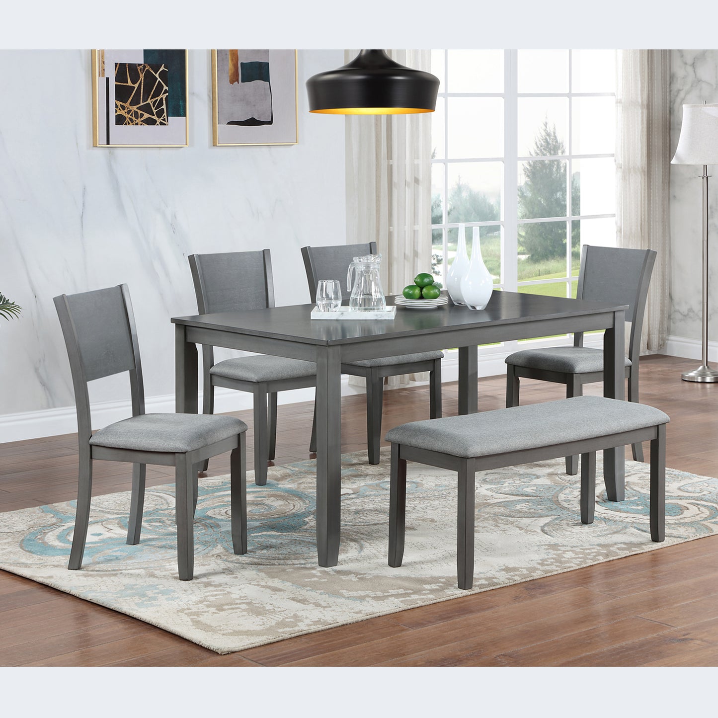 6 Piece Kitchen Dining Set, Rectangular Wooden Dining Table with 4 Upholstered Chairs and a Bench, Dining Table Set for 6 People, Living Room, Home Bar and Kitchen, Gray