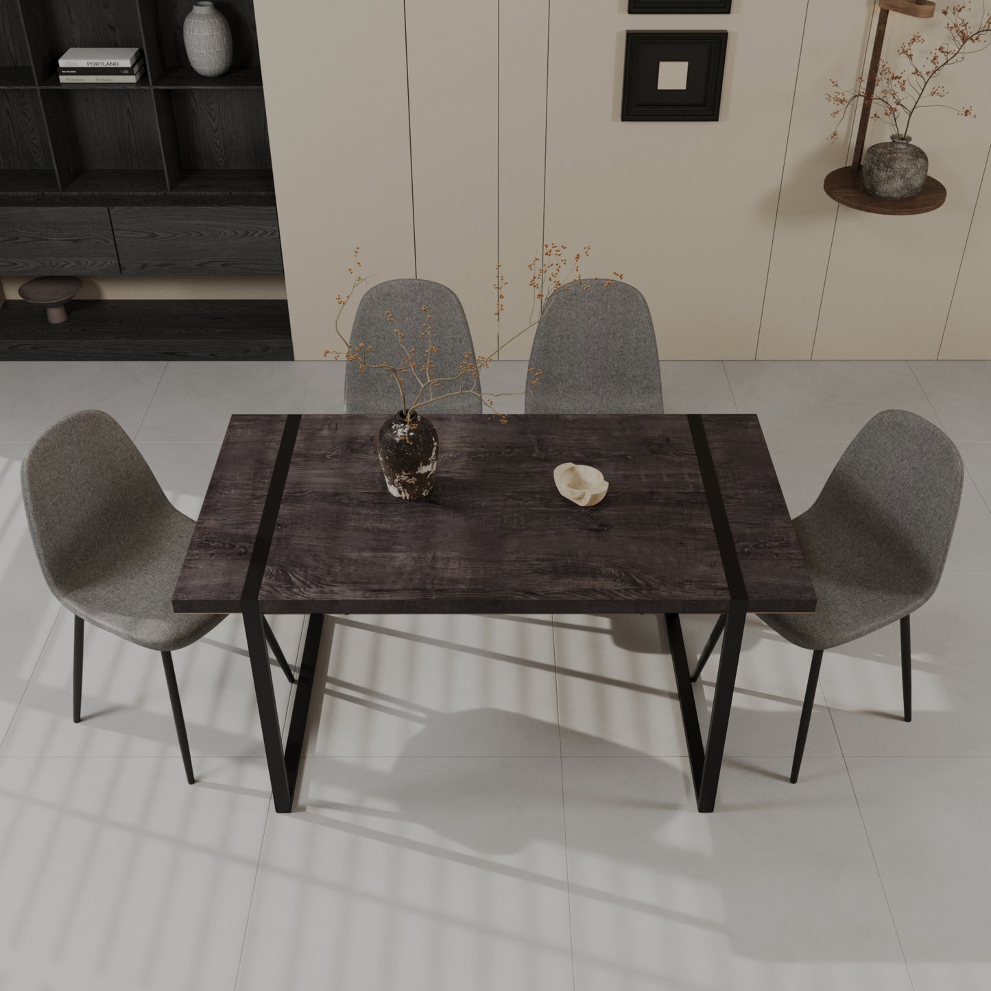 59' MDF black wooden dining table and modern dining chair set of 4 pieces, medieval wooden kitchen dining table set, black rectangular metal base, dining table and suede chair set