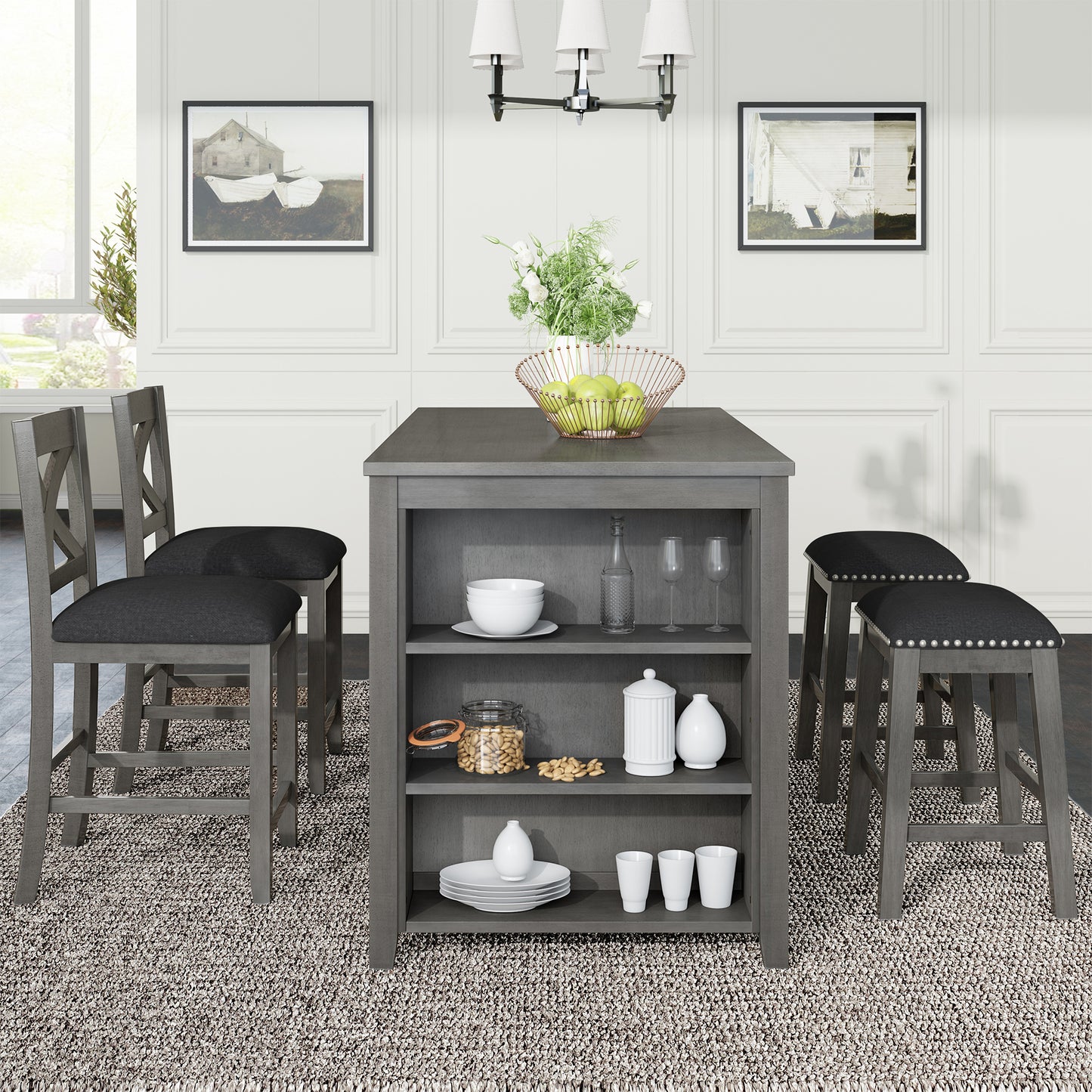 TOPMAX 5 Pieces Counter Height Rustic Farmhouse Dining Room Wooden Bar Table Set with 2 stools and 2 Chairs, Gray