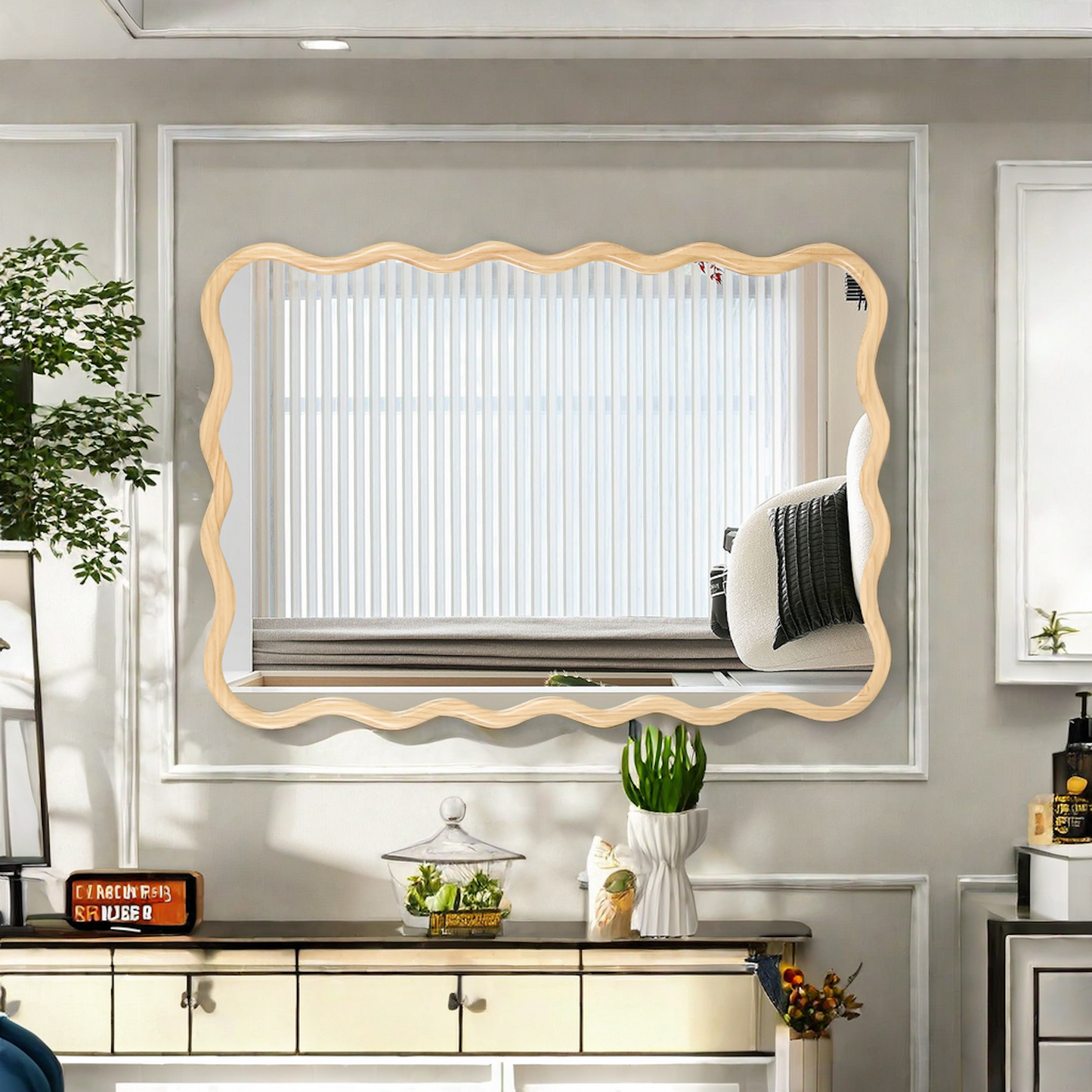 Solid Wood Wavy Rectangle Mirror-Natural-Wood 40' x 28' Modern Mirror Wall Decor for Bathroom, Bedroom, Living Room, Dining Room, Cloakroom, Entryway