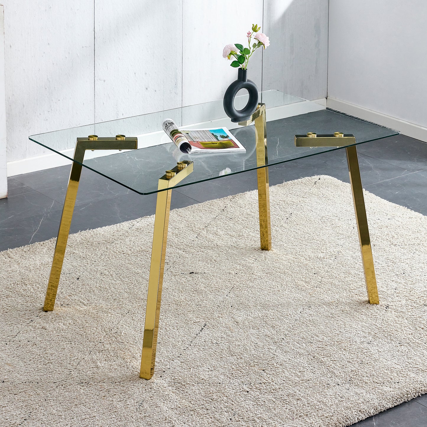Modern minimalist style rectangular glass dining table with tempered glass tabletop and golden metal legs, suitable for kitchen, dining room, and living room, 51 ' * 31.5 ' * 29.5 ' 1123