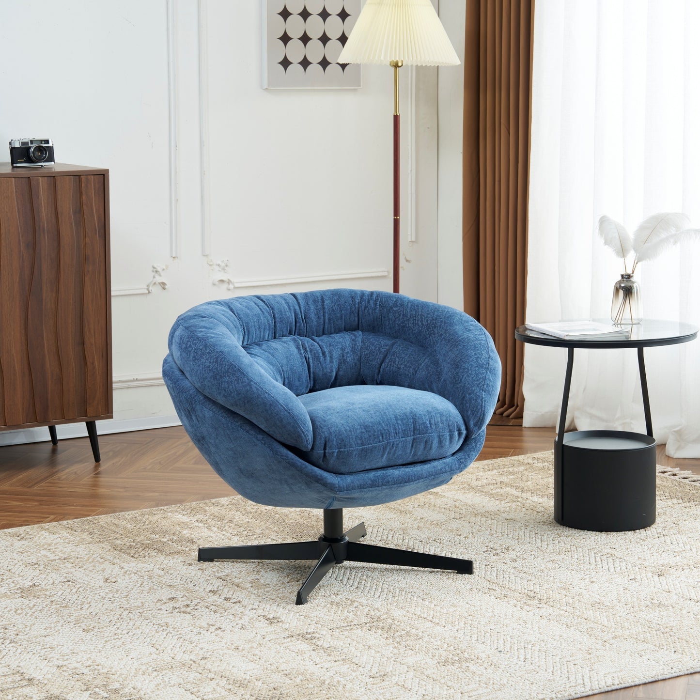 Modern Chenille Office Chair, 360° Swivel Accent Chair with Removable Cushion, Round Office Chair, Black Metal Base, Cotton Material, Living Room, Bedroom, Reading Corner, Office (Navy Blue)