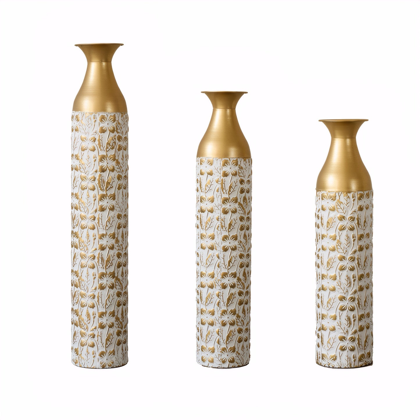 Mother's Day Gift Set - Gilded White 3D Relief Flower Metal Vase Set 24'. 29'. 32. 68 height