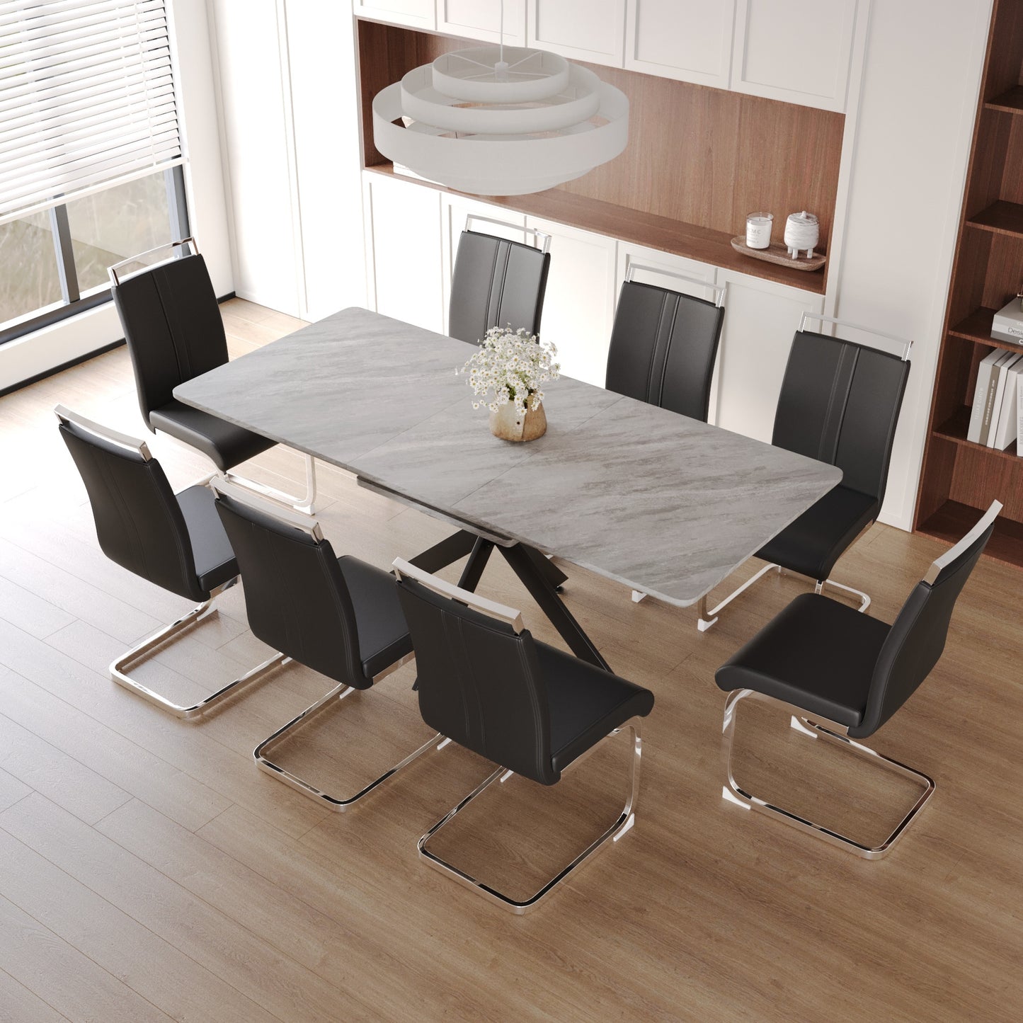 62.4' extendable 78.15' dining Table Set for 6-8 Person for Dining Room,C-shaped Tube Soft padded armless dining chair and Very large Dining Room Table Kitchen Table Chair Set with metal Legs