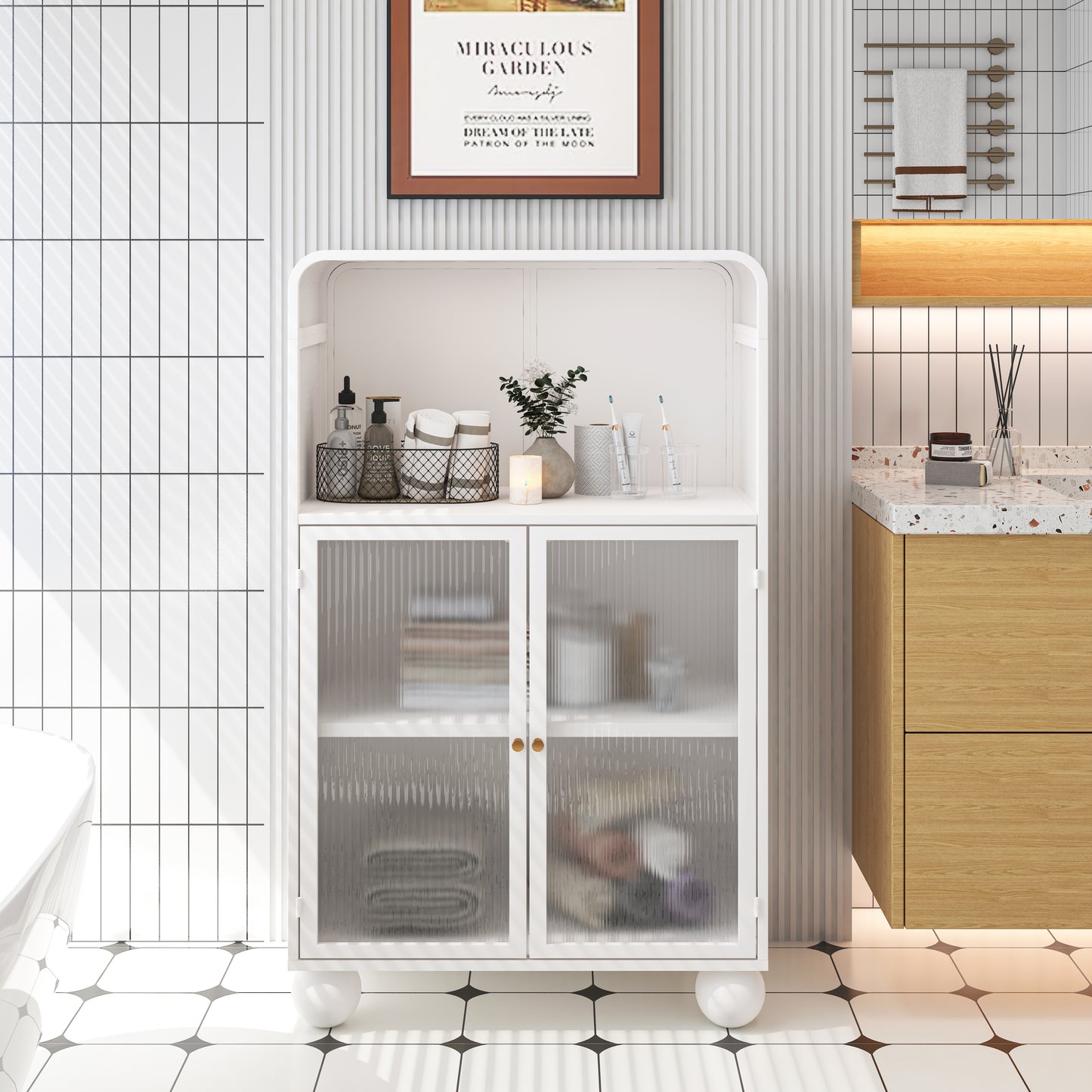 45.28' H Storage Cabinet, Bathroom Floor Cabinet with Glass Door and Shelves, Freestanding Display Storage Cabinet for Bathroom, Living Room, Kitchen, Home Office,White