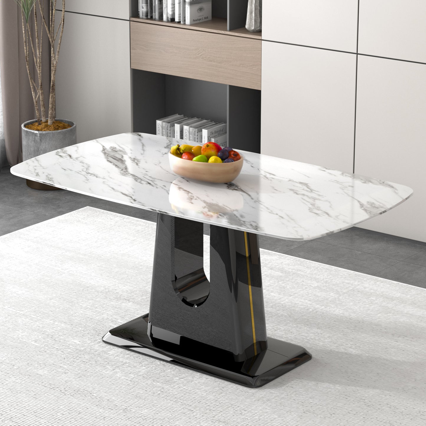 A modern, minimalist, and luxurious dining table with a white imitation marble tabletop and MDF legs with U-shaped brackets. Tables in restaurants and living rooms 63'*35.4'*30 F-U