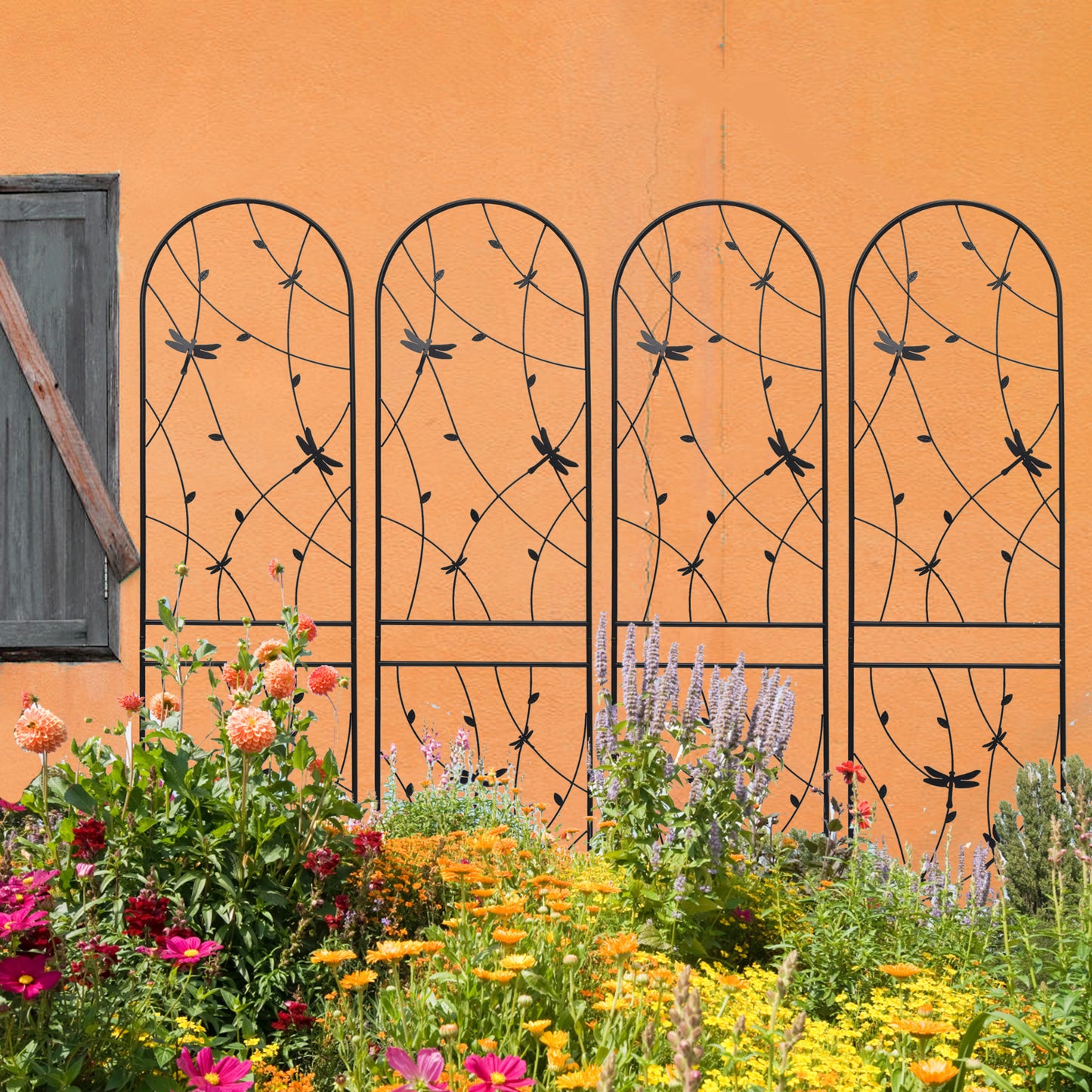 4 Pack Metal Garden Trellis 86.7' x 19.7' Rustproof Trellis for Climbing Plants Outdoor Flower Support Dragonfly Deco Black
