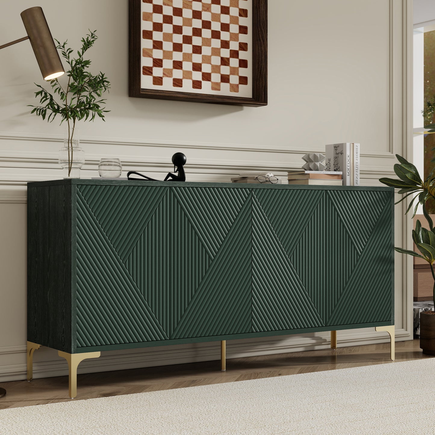 Modern light luxury style 60'L Large Storage Space Sideboard with 4 Doors and Rebound Device for Living Room and Entryway (Olive green)