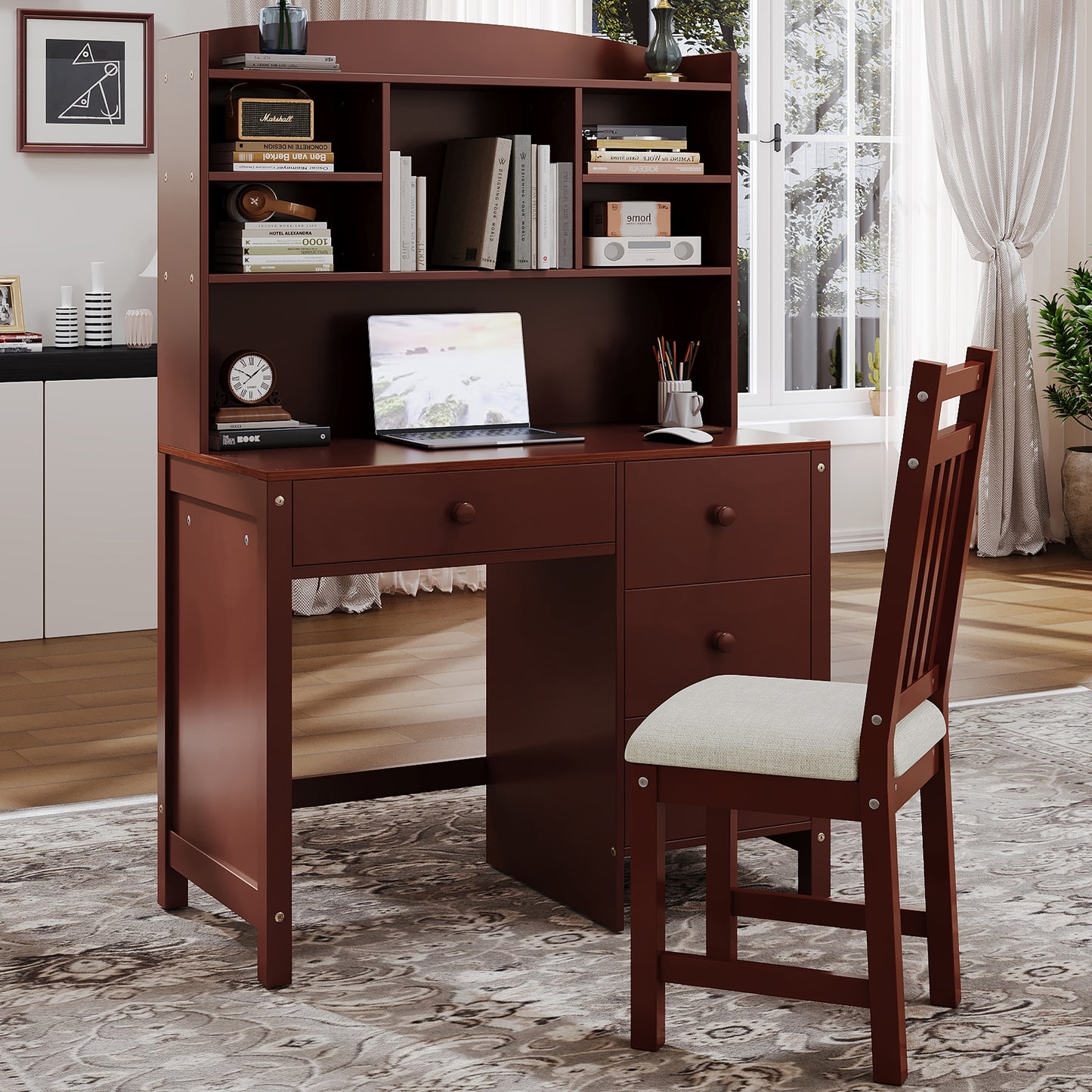 Vintage 40'' Home Executive Desk and Upholstered Chair Set with Bookshelf, Computer Desk with Four Drawers, Storage Shelf, and Chair, Ideal for Office or Study in Bedroom or Living Room, Espresso