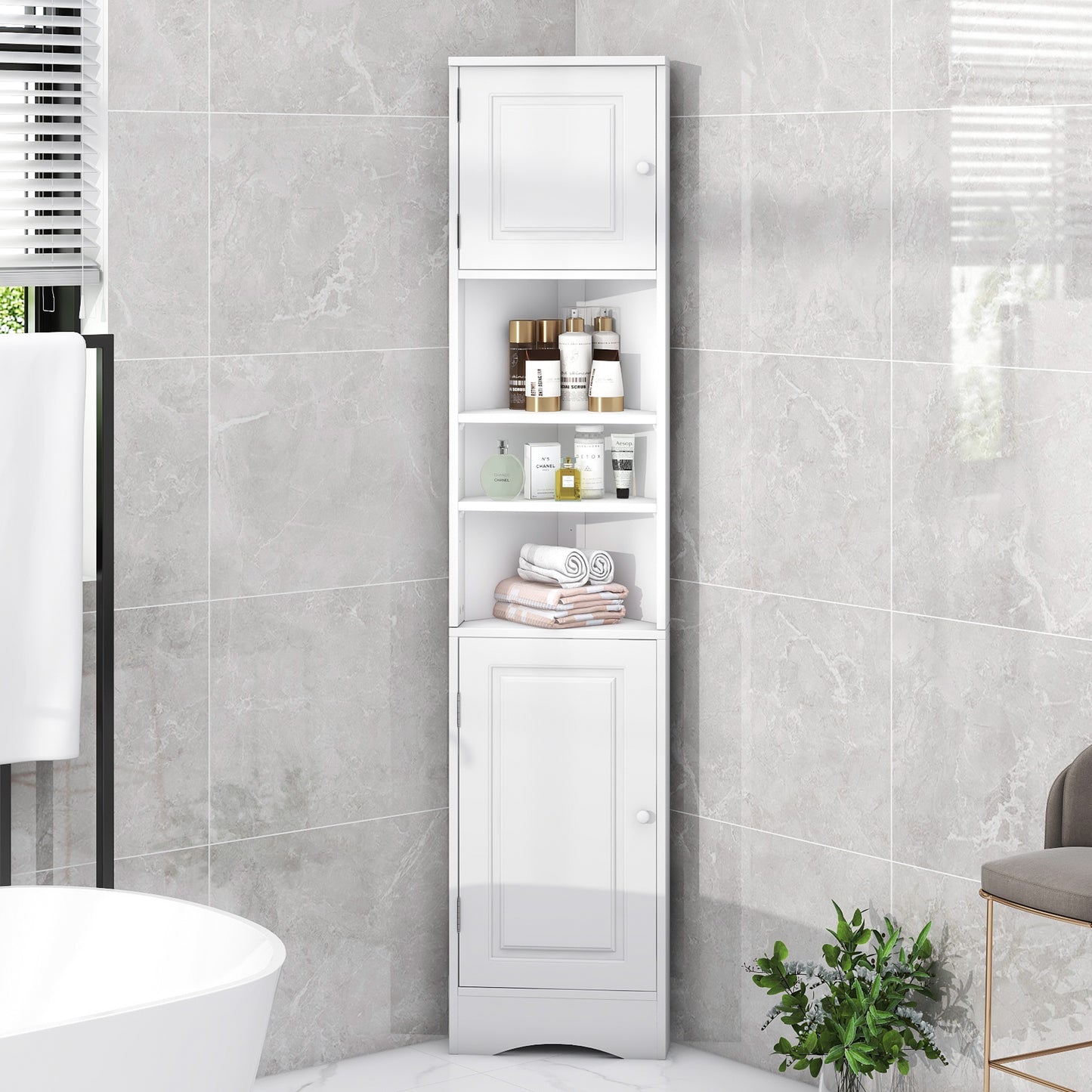 Multi-Functional Corner Cabinet Tall Bathroom Storage Cabinet with Two Doors and Adjustable Shelves, Open Shelf, White(Old Sku:WF294602AAK)