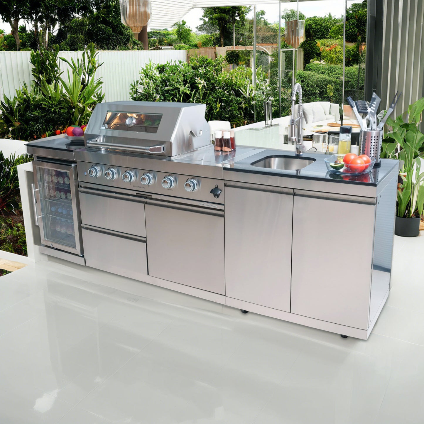 46-Inch 4-Burner 72000 BTU Deluxe Stainless Steel Gas Outdoor Kitchen Bar Barbecue Island Grill + Wine Cooler Compact Refrigerator + Rotisserie + Granite Countertops + Storage Cabinets & Drawers