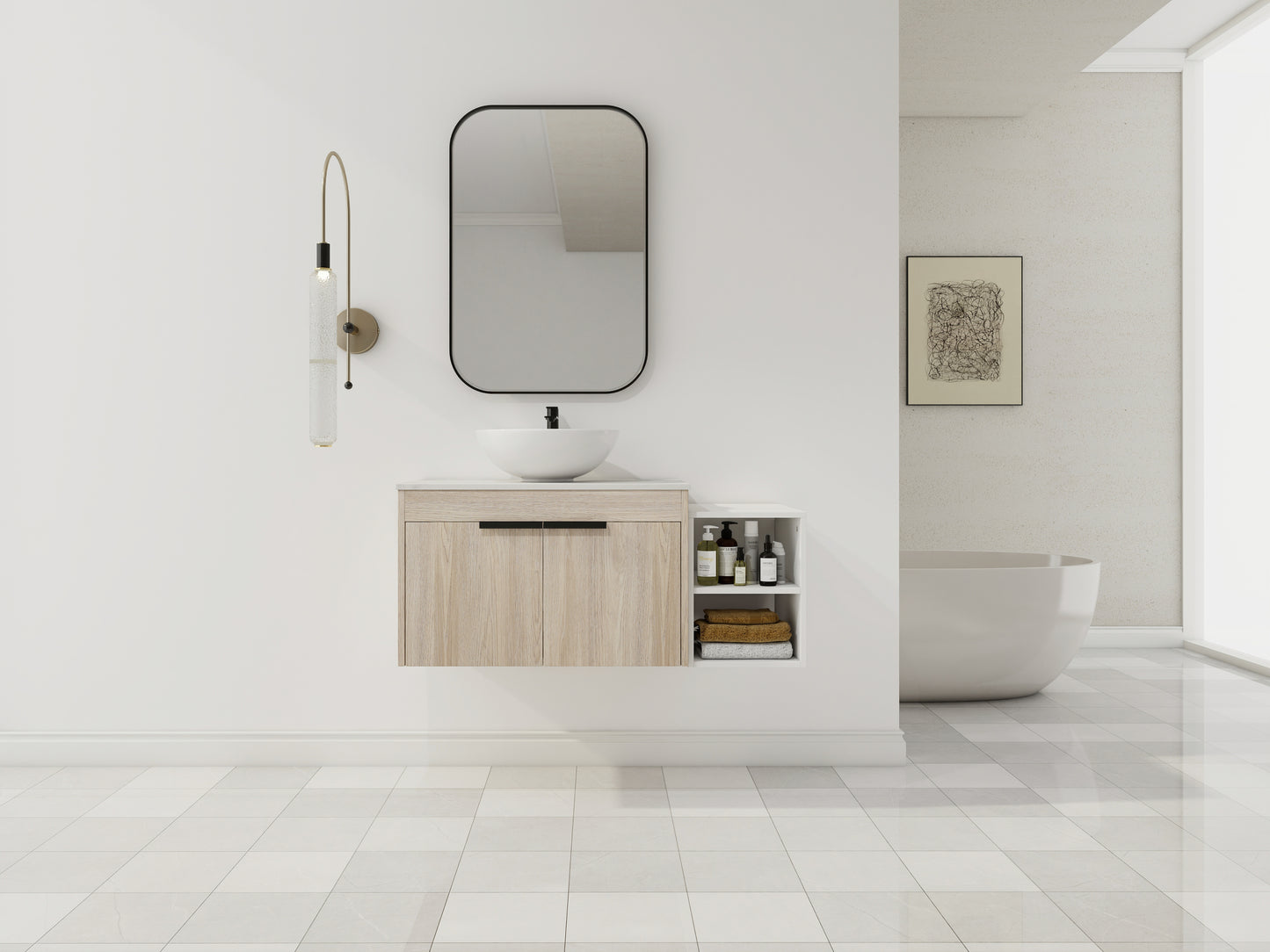 42 ' Modern Design Float Bathroom Vanity With Ceramic Art Sink, White Flat Stone Slab and Small Storage Shelves, Soft Closed Door,KD-Package (TOP-BAB321MOWH)