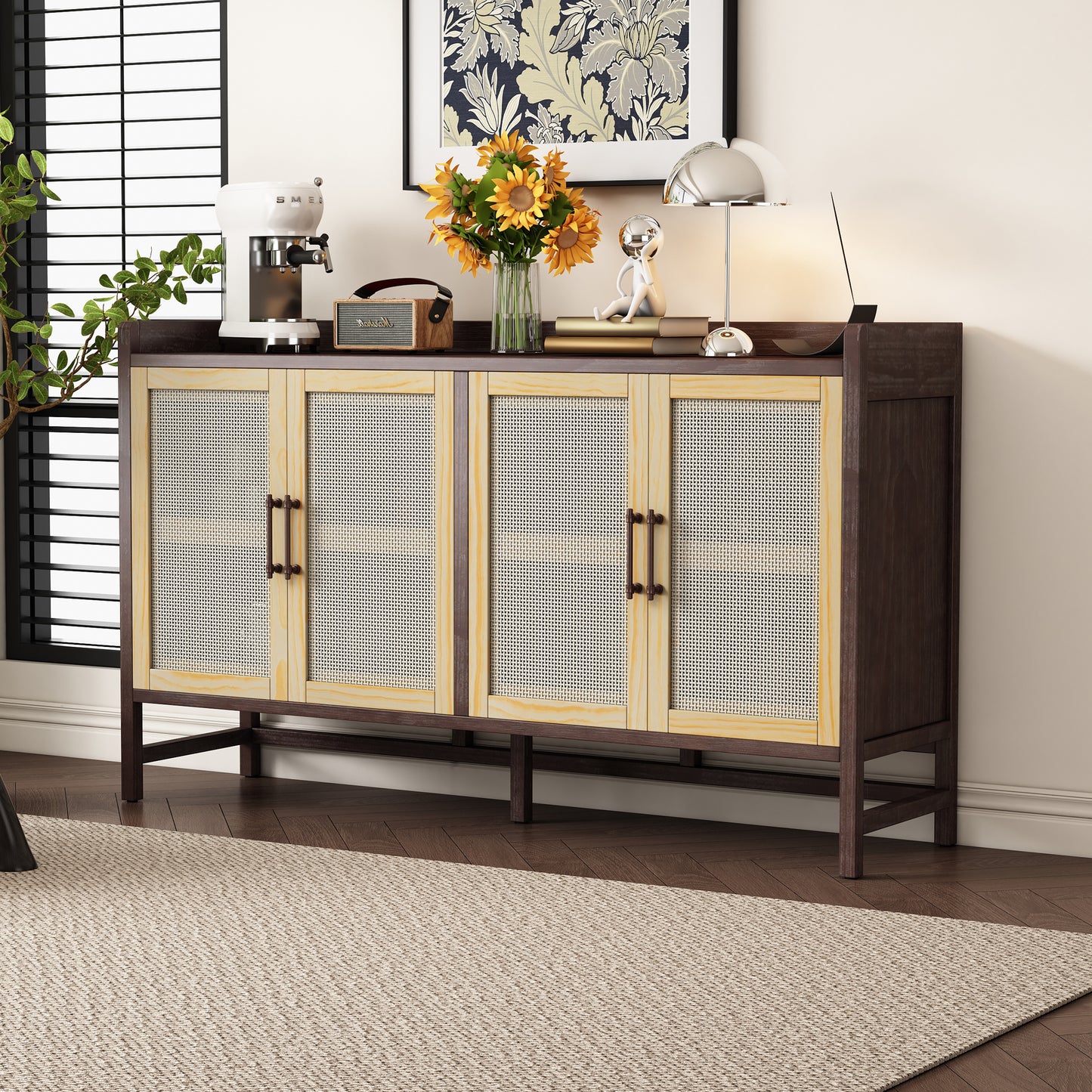 TREXM Sideboard Rustic Buffet Cabinet, sideboard cabinet with Decorative Rattan Doors, Buffet Cabinet with Storage for Entryway Dining Room Kitchen Living Room,Walnut+Natural