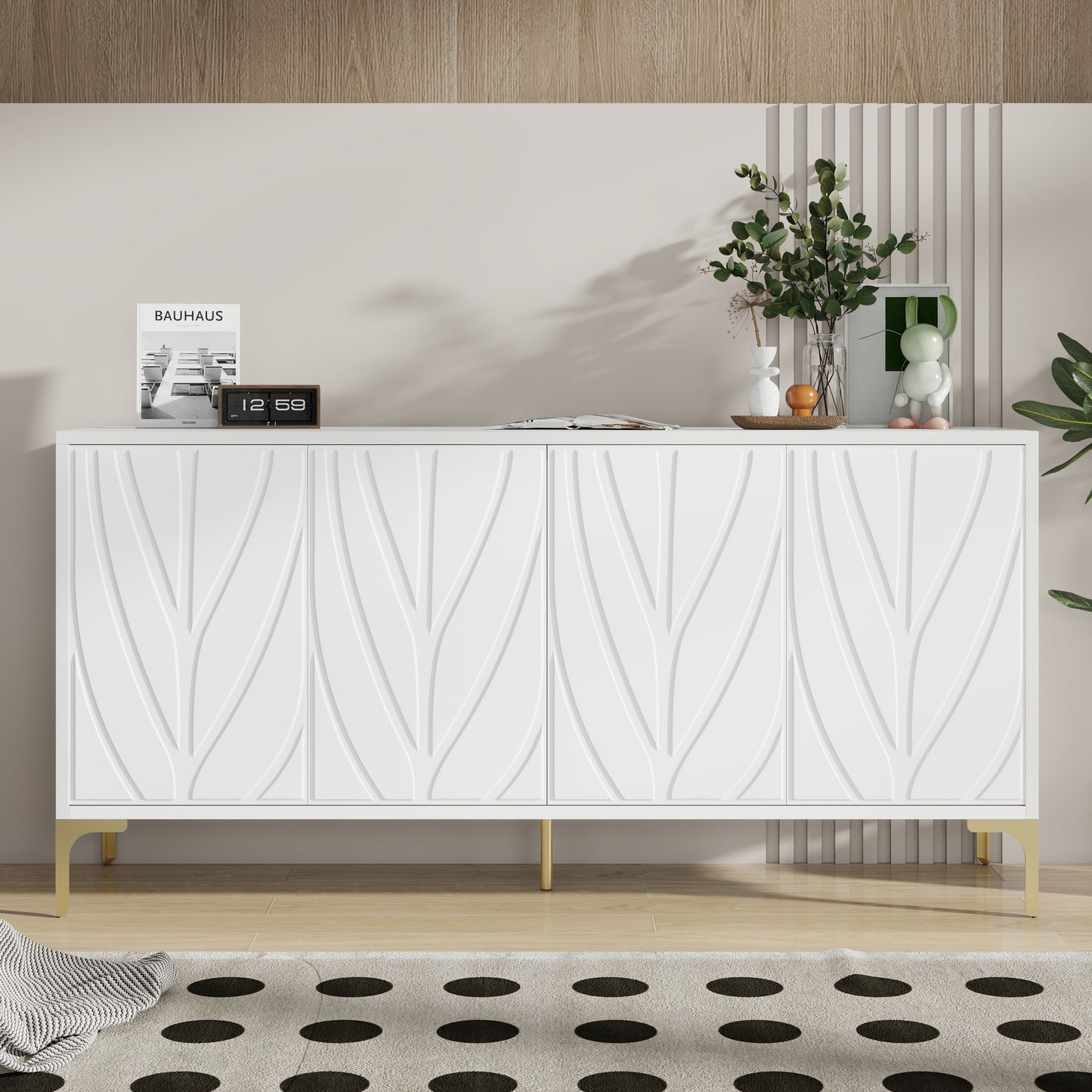Creative carved 4-door Sideboard Handleless Press-to-Open Design Buffet Cabinet for Dining Room,Living Room, Bedroom, Hallway(White)