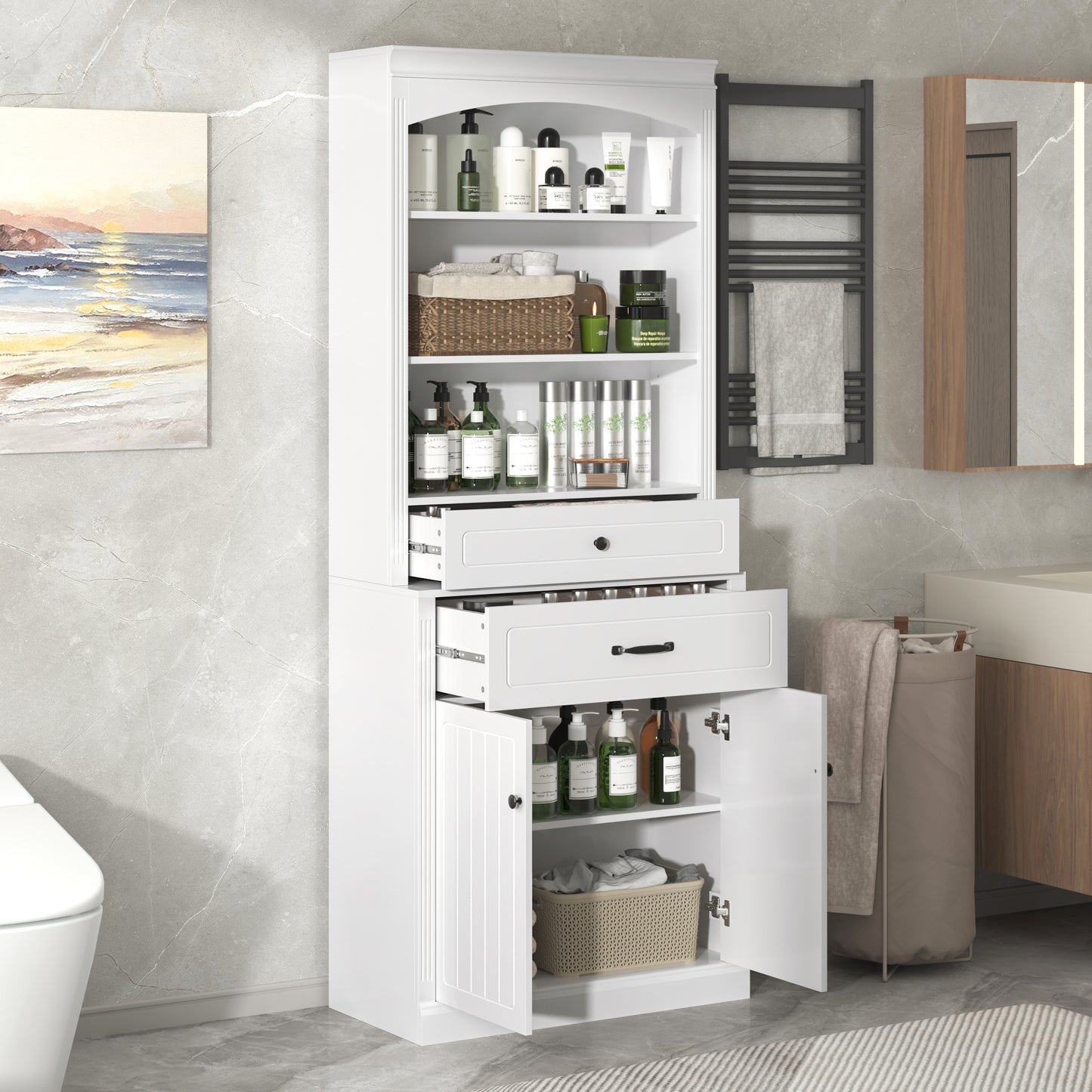 White Bathroom Storage Cabinet with Two Doors, Drawers, Adjustable Shelf & Three Open Shelves – Durable MDF Construction