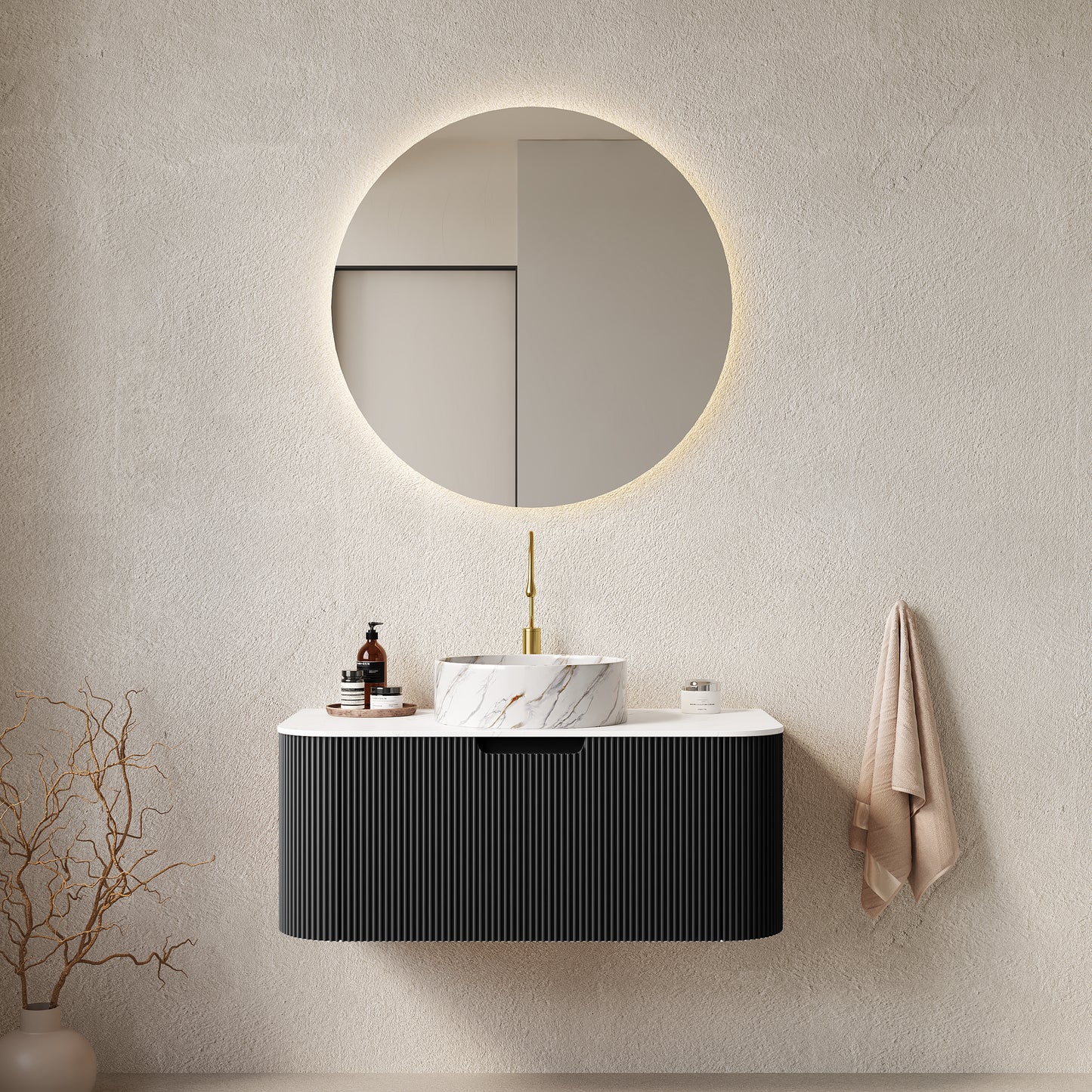 DINA 36' Bathroom Vanity with Sink, Wall-Mounted Floating Curved Edges Striped Bathroom Storage Cabinet with Drawer, White Round Ceramic Basin with Stone Pattern, Pre-assembled, Black Color