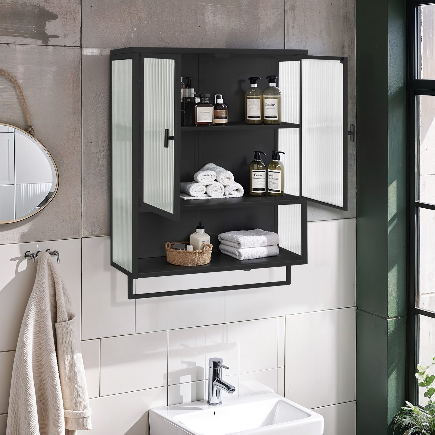 23.62'Glass Doors Modern Two-door Wall Cabinet with Featuring Two-tier Enclosed Storage, an Open Shelf, and Towel Rack, for Entryway Living Room Bathroom Dining Room,Black