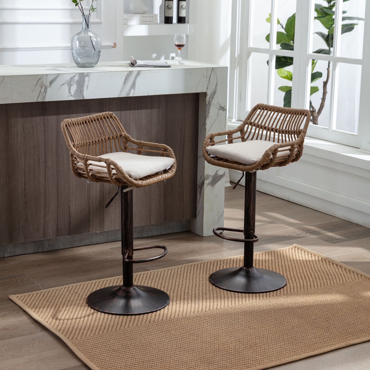COOLMORE Modern Swivel Bar Stools Set of 2 Adjustable Counter Height Chairs with Footrest for Kitchen, Dining Room (Beige)