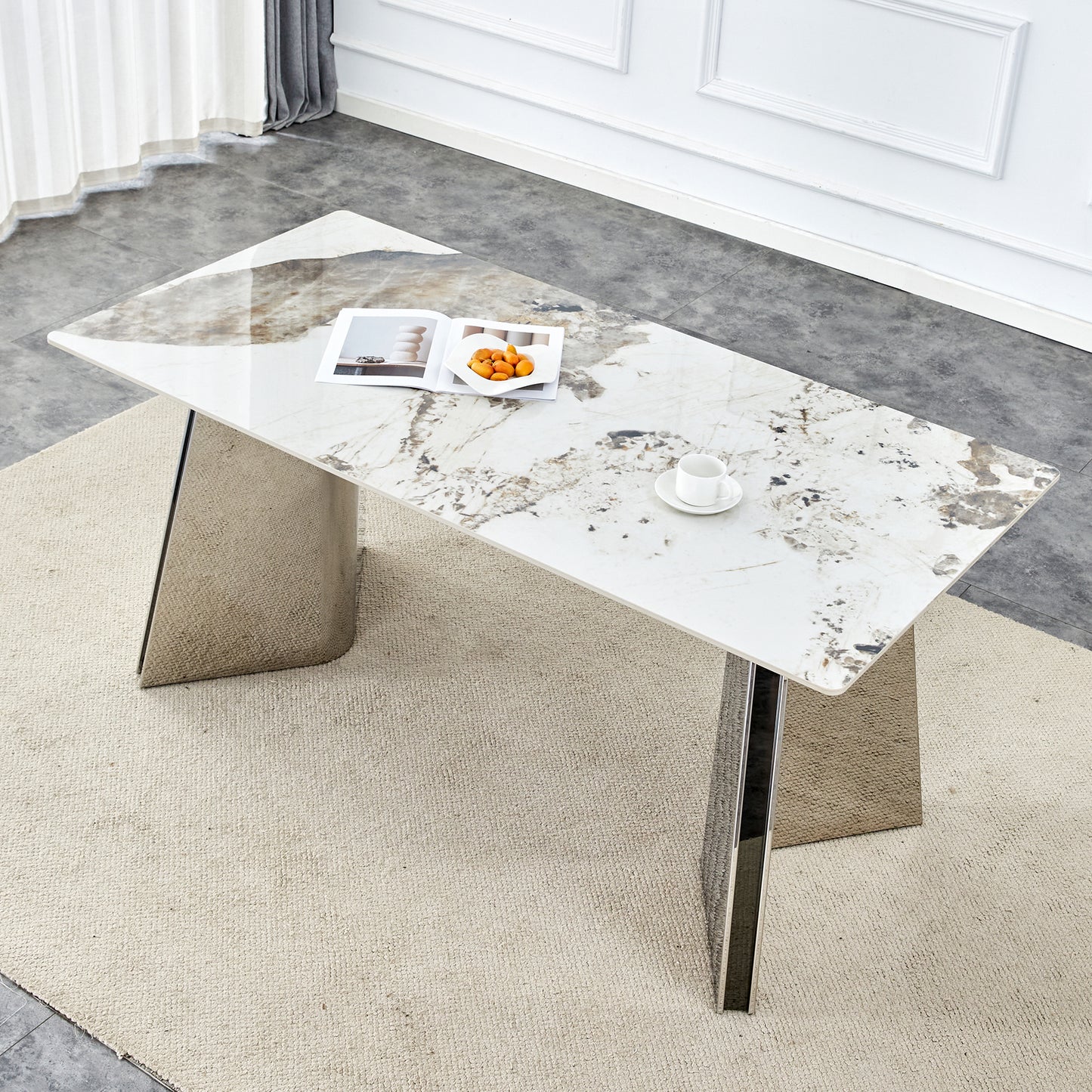 63'x31.5x30' Pandora Patterned Rock Slab Dining Table with Silver Stainless Steel Butterfly Legs.The tabletop is designed to be scratch and heat resistant.Slabs Tabletop,Stainless Steels Legs.