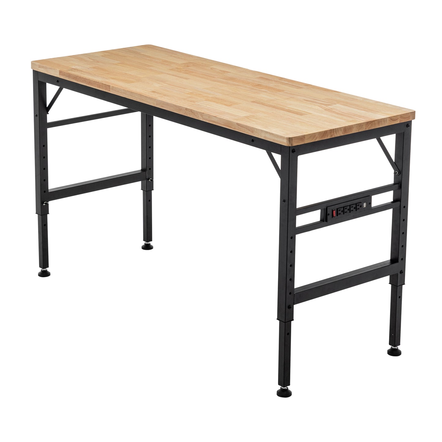 Adjustable Height Workbench, 60' Rubber Wood Top Heavy duty Workstation with Power Outlets, 2000 LBS Load Capacity Hardwood Worktable for Workshop, Garage, Office, Home, Commercial