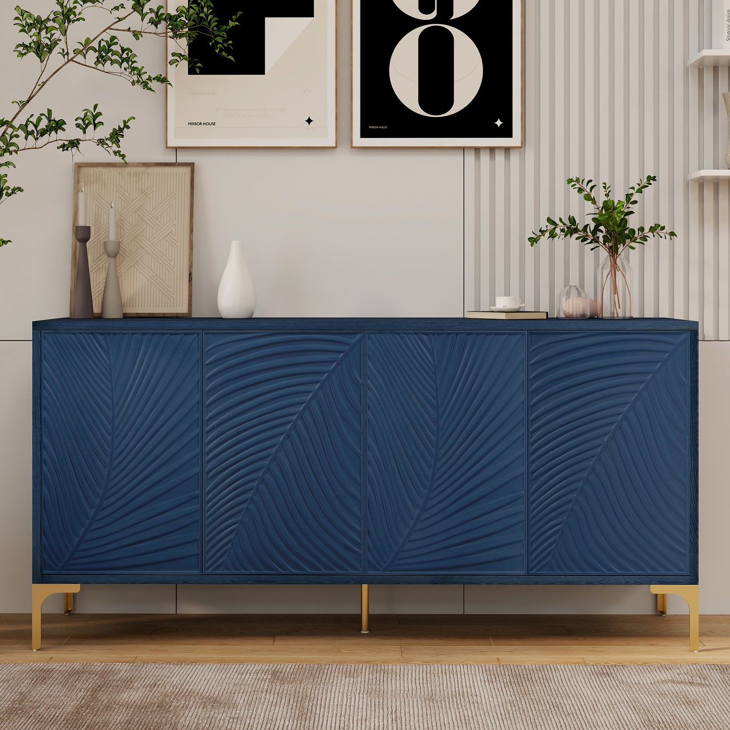 Modern 4-door Sideboard with Creative carved and shaped surface and Adjustable Shelves, Suitable for Study, Entryway and Living Room(Light Blue)
