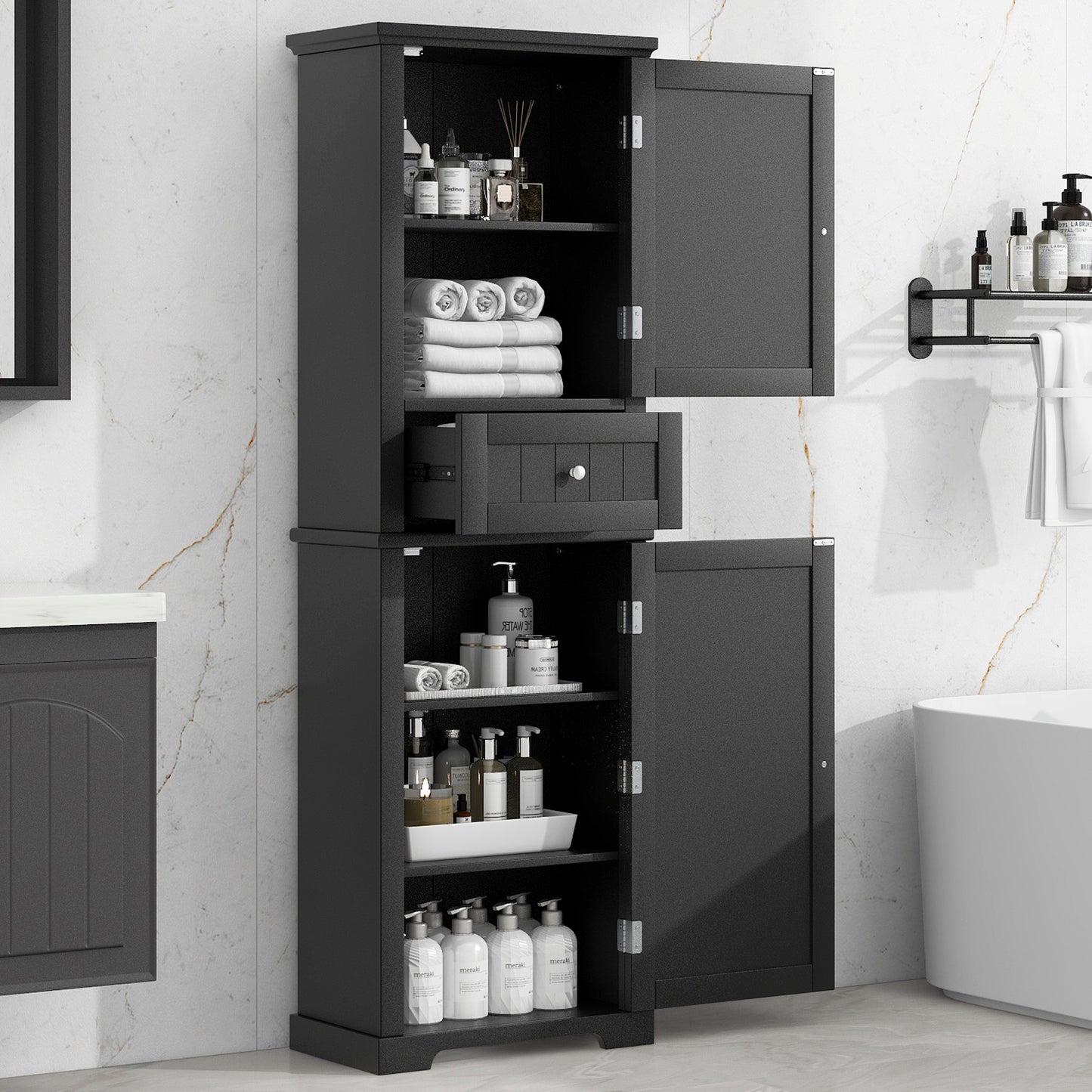 Tall Bathroom Storage Cabinet, Freestanding Storage Cabinet with Drawer and Adjustable Shelf, MDF Board with Painted Finish, Black (Old Sku:WF312727AAB)