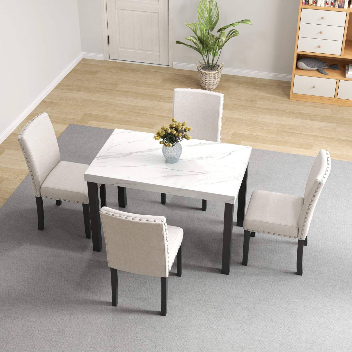 Five-piece dining set with imitation marble tabletop, restaurant combination set, solid wood dining table and 4 chairs, space-saving combination furniture for kitchen and dining room.