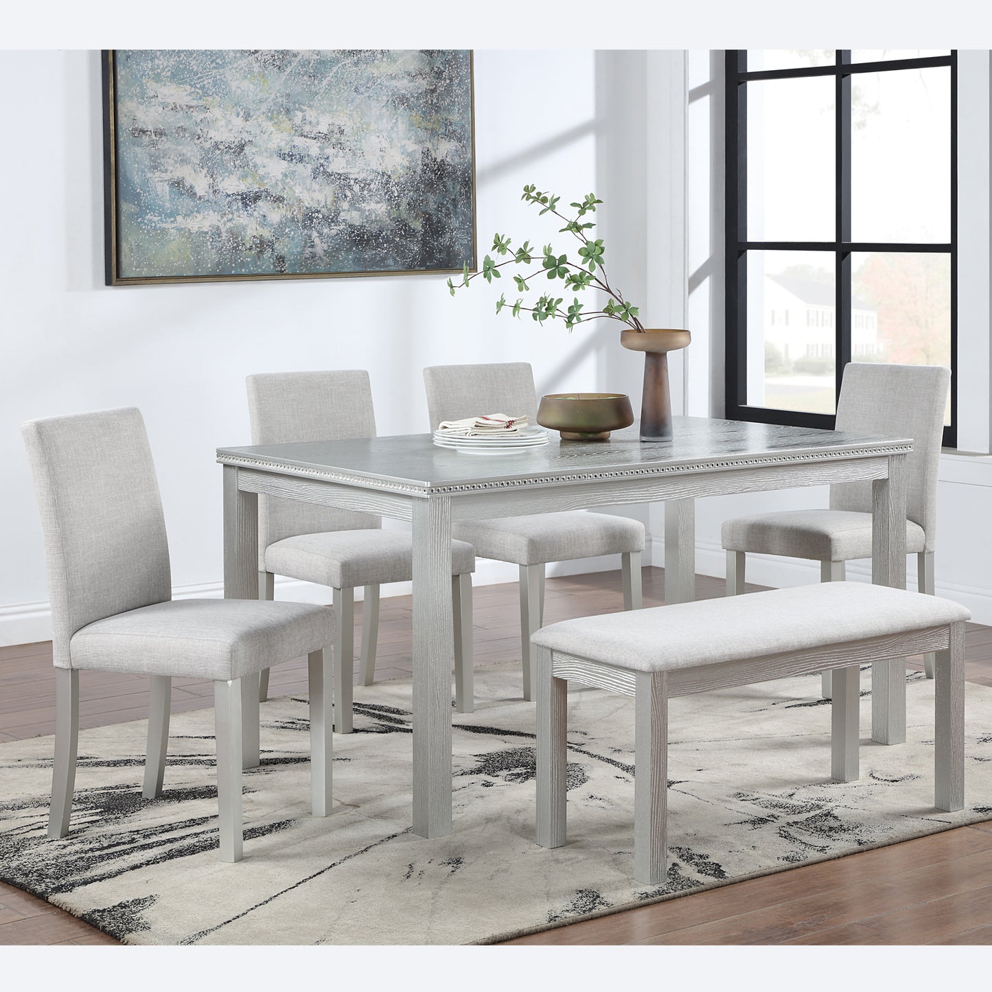 6 Piece Wooden Dining Table Set, Wooden Dining Table with 4 Upholstered Chairs and Bench for 6 People, Rectangular Dining Table Set with Crystal Decoration for Kitchen, Dining Room, Silver grey