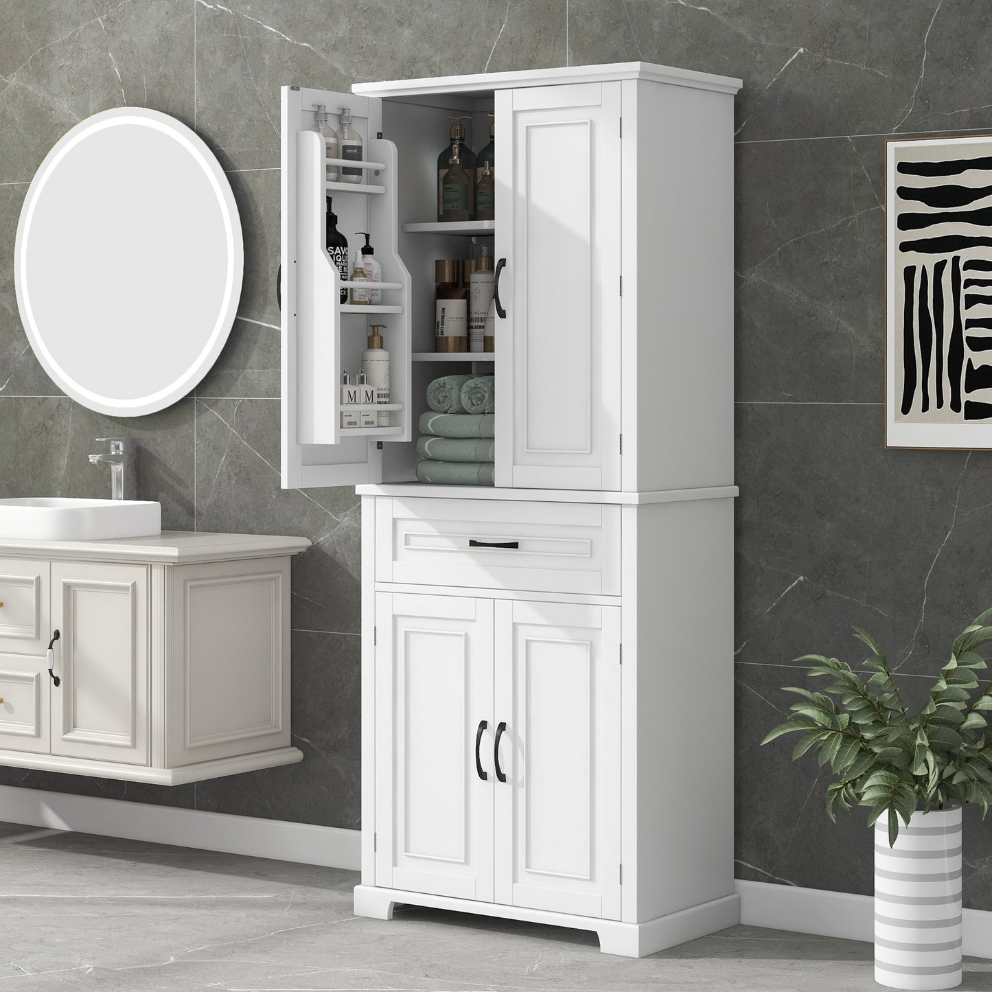 Bathroom Storage Cabinet with Doors and Drawer, Multiple Storage Space, Adjustable Shelf, White (Old Sku:WF308204AAK)