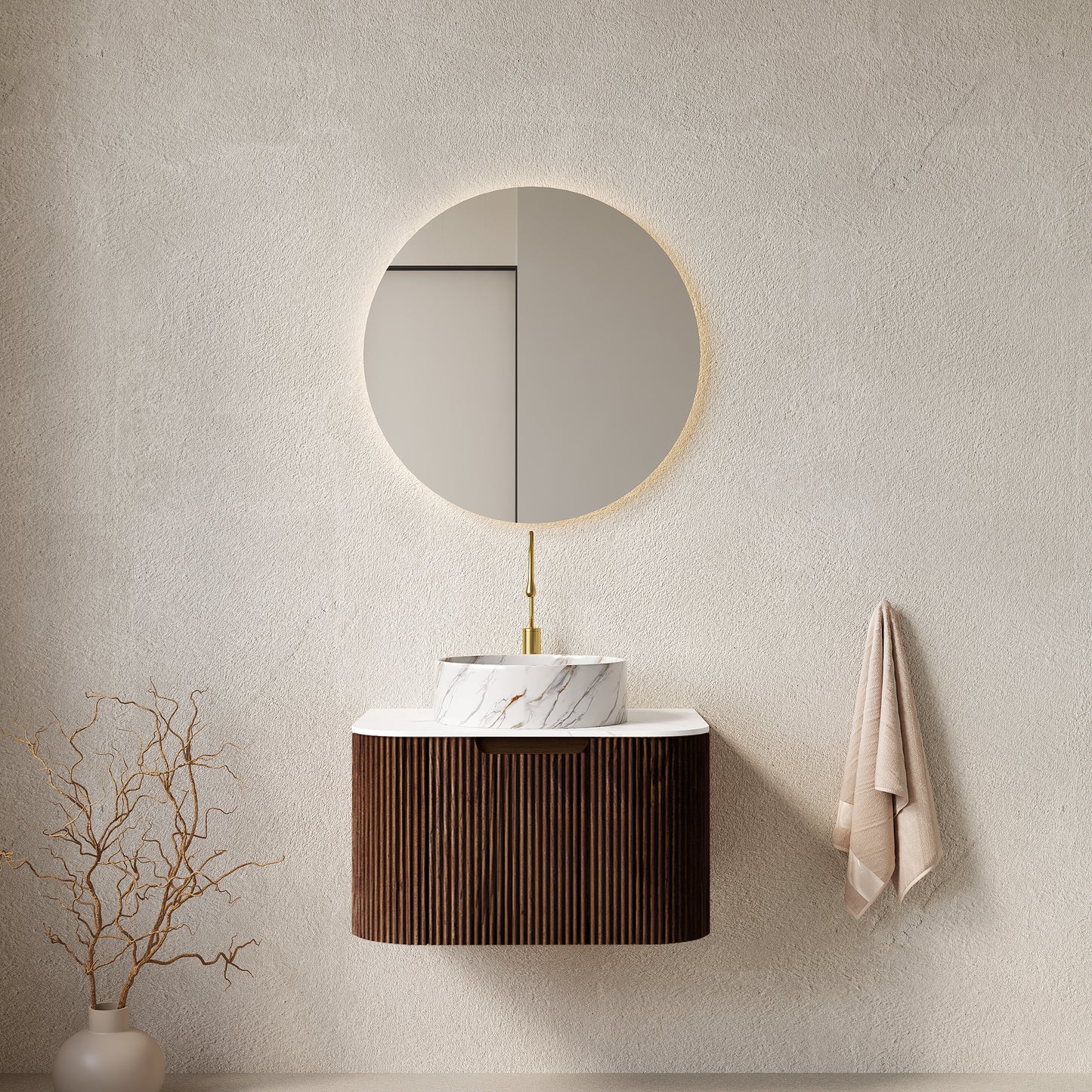 DINA 24' Bathroom Vanity with Sink, Wall-Mounted Floating Curved Edges Striped Bathroom Storage Cabinet with Drawer, White Ceramic Basin with Stone Pattern, Pre-assembled, Dark Walnut Woodgrain Color