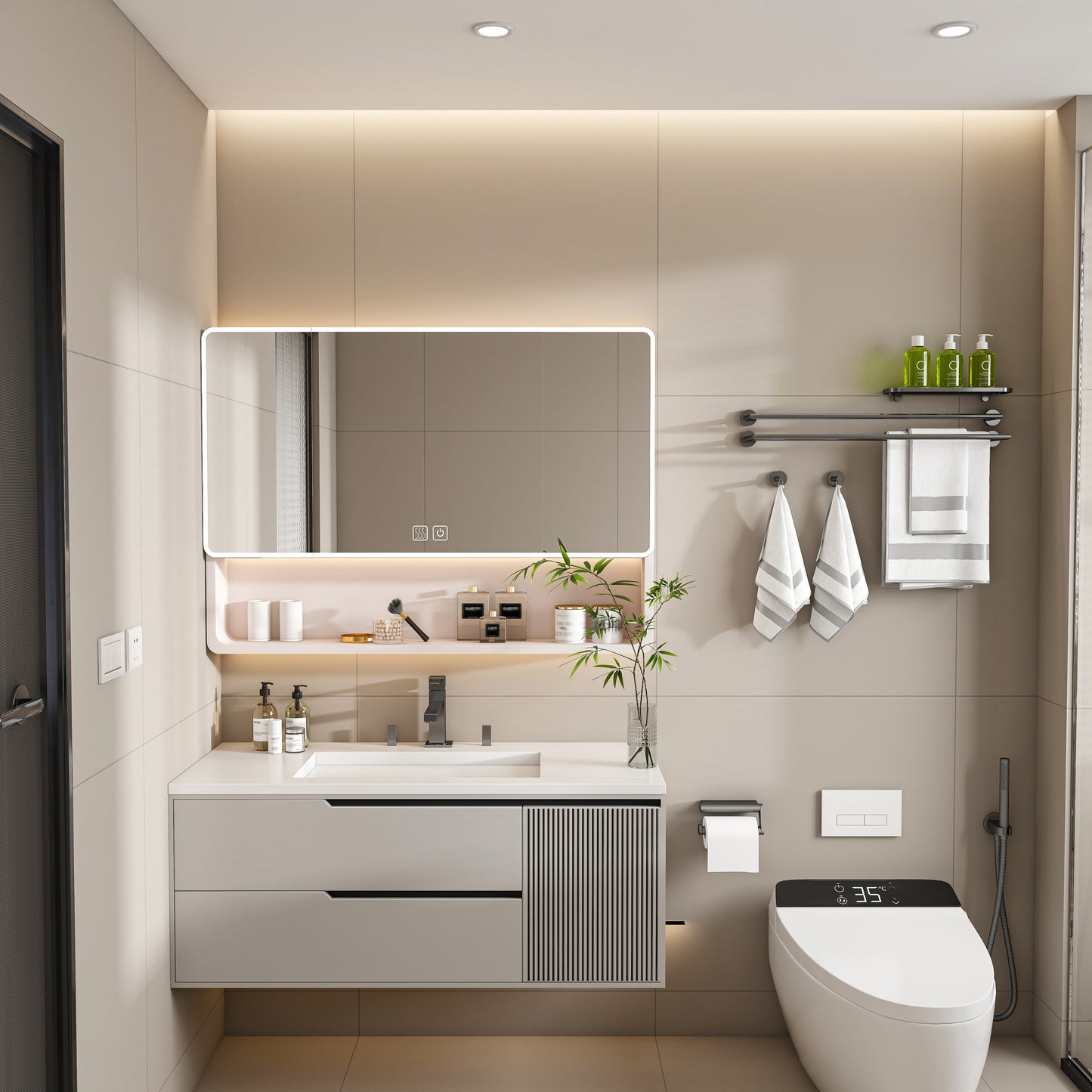 Aluminium Medicine Cabinet Mirror, 35 x 28 Inches Medicine Cabinet with 3 Colors LED Light and Defogging Function, Bathroom Mirror Cabinet with Cosmetic Storage Rack and Hair Dryer Holder, khaki