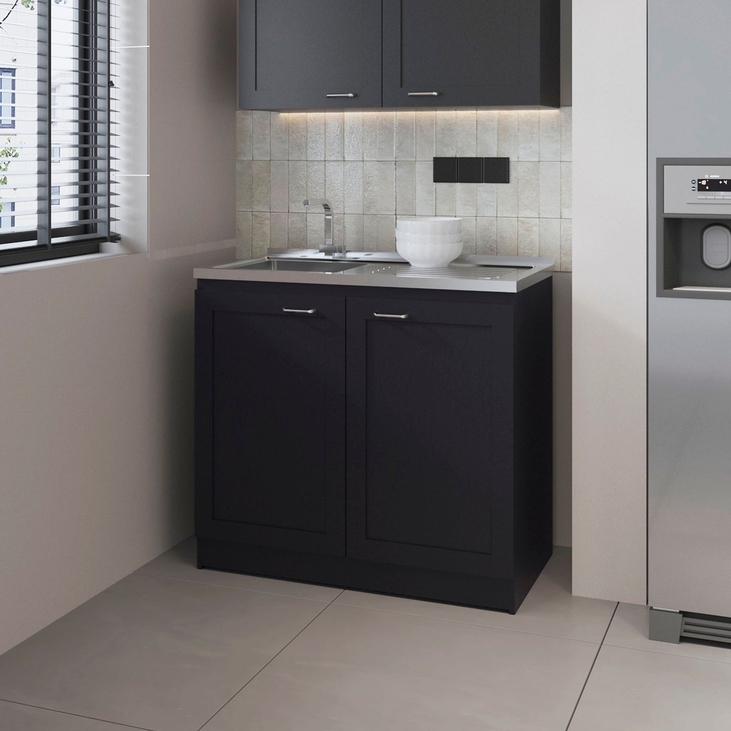 FM FURNITURE Haivana Utility Sink Base Cabinet with Double Doors and Interior Shelf, Black